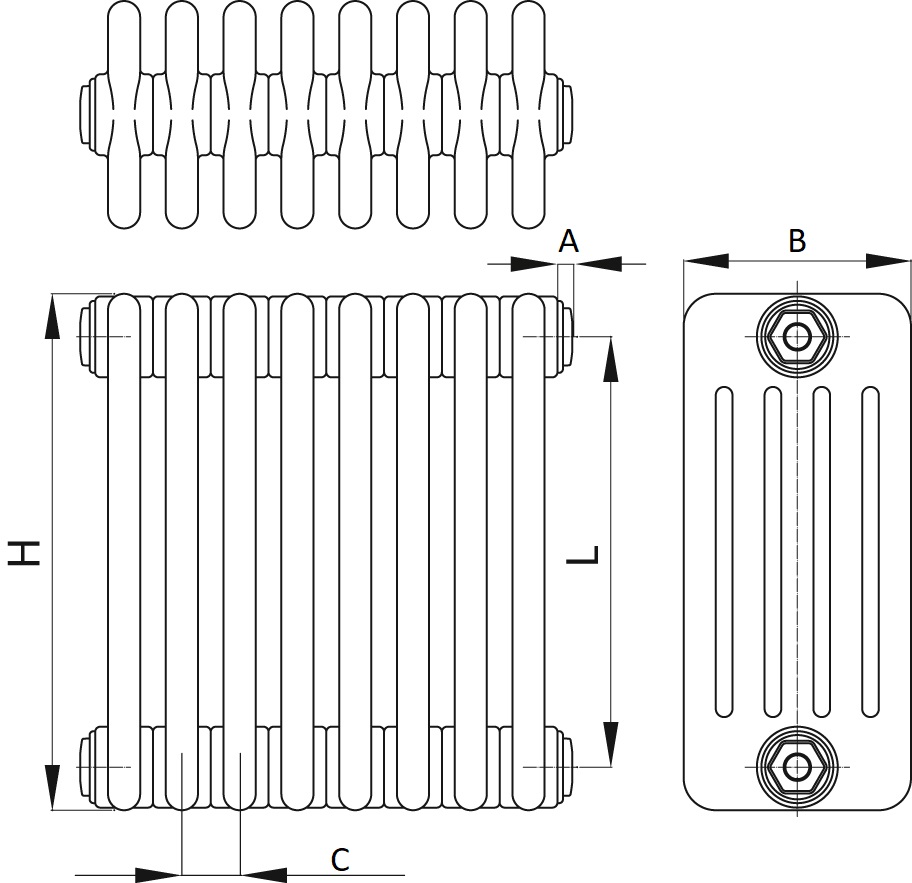 Радиаторы стальные трубчатые IRSAP Tesi 5 высота 200 мм, 26-54 секций, присоединение резьбовое - 1/2″, нижнее подключение - термостат сверху T25, теплоотдача 1054-2187 Вт, цвет - белый