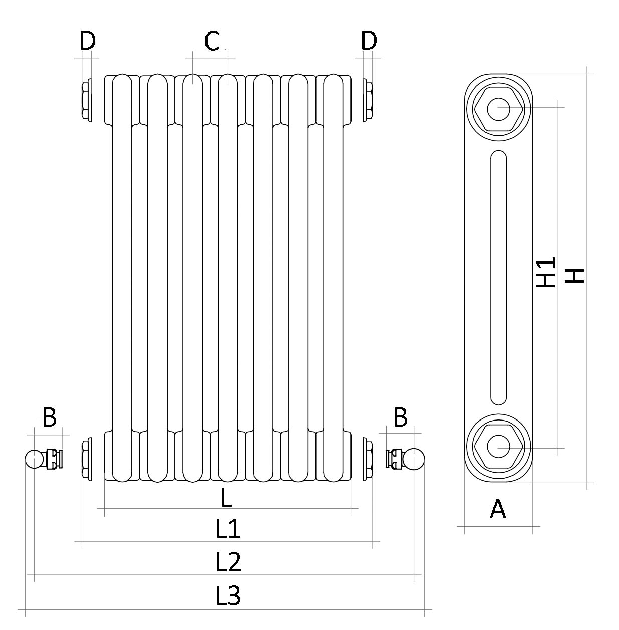 Радиаторы стальные трубчатые IRSAP Tesi 2 высотой 365 мм, 10-14 секций, присоединение резьбовое - 1/2″, подключение - боковое T02, цвет - белый