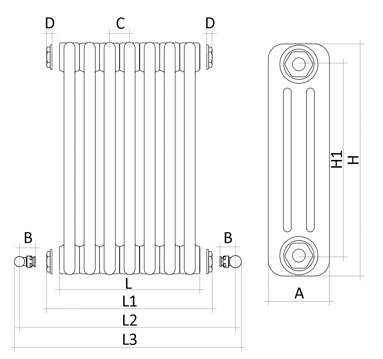 Радиаторы стальные трубчатые IRSAP Tesi 3 высотой 565 мм, 12-28 секций, присоединение резьбовое - 1/2″, подключение - нижнее со встроенным вентилем сверху T25, цвет - матово-черный