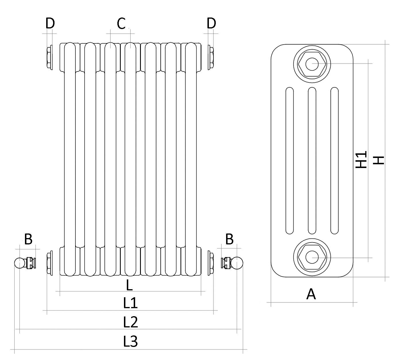Радиаторы стальные трубчатые IRSAP Tesi 4 высота 1800 мм, 6-15 секций, присоединение резьбовое - 1/2″, подключение - боковое Т30, теплоотдача - 1649.4-4123.5 Вт, цвет - белый