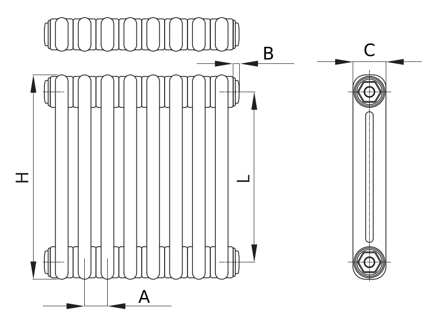 Радиаторы стальные трубчатые IRSAP Tesi 2 высота 1000 мм, 6-8 секций, присоединение резьбовое - 1/2″, подключение - нижнее по центру Т50, теплоотдача 526-701 Вт, цвет – белый
