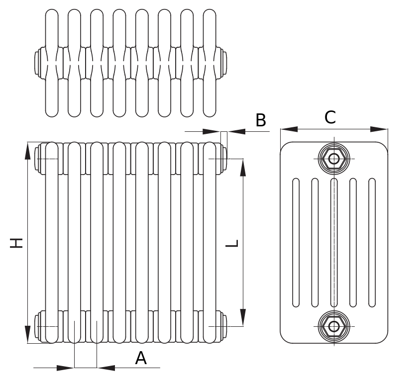 Радиаторы стальные трубчатые IRSAP Tesi 6 высота 400 мм, 24 секций, присоединение резьбовое - 1/2″, подключение - нижнее по центру Т50, теплоотдача 2391 Вт, цвет – белый