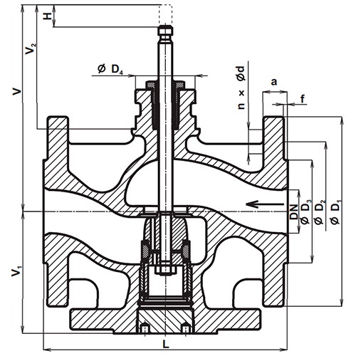 Клапан регулирующий двухходовой LDM RV-113R Ду15 Ру16, фланцевый, корпус – серый чугун EN-GJL-250, Tmax до 150°С, Kvs=1.0 м3/ч с приводом ANT 40.11 (2.5 кН)
