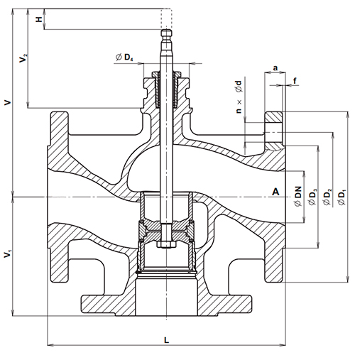 Клапан регулирующий трехходовой LDM RV-113M Ду40 Ру16, фланцевый, корпус – серый чугун EN-GJL-250, Tmax до 150°С, Kvs=16.0 м3/ч с приводом ANT 40.11 (2.5 кН)