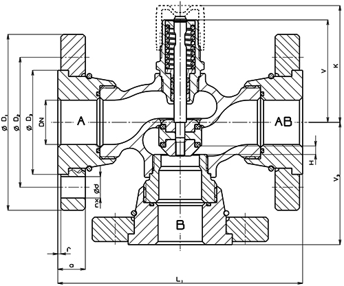 Клапан регулирующий трехходовой LDM RV111R 331-F Ду40 Ру16, фланцевый, корпус – серый чугун EN-JL 1030, Tmax до 150°С, Kvs=25.0 м3/ч