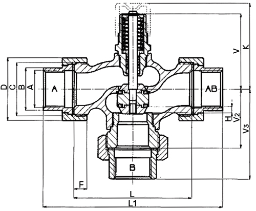 Клапан регулирующий трехходовой LDM RV111R 331-T 1 1/4″ Ду32 Ру16, резьбовой, корпус – серый чугун EN-JL 1030, Tmax до 150°С, Kvs=16.0 м3/ч