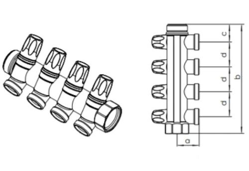 Коллектор Rehau Rautitan G1″- G 3/4″ 2 отвода (евроконус) Ру10 распределительный с плавной регулировкой, корпус - никелированная латунь