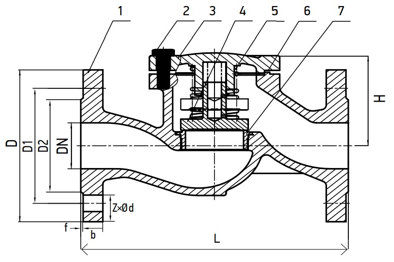 Клапан обратный Reon RSV33 Ду32 Ру16, подъемный, тип присоединения - фланцевый, корпус - серый чугун GG25, уплотнение – EPDM