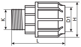 Муфта компрессионная TEBO KOM-NR Дн32x1″ Ру10 для ПНД труб, переходная, разъемная, наружная резьба, корпус - полипропилен