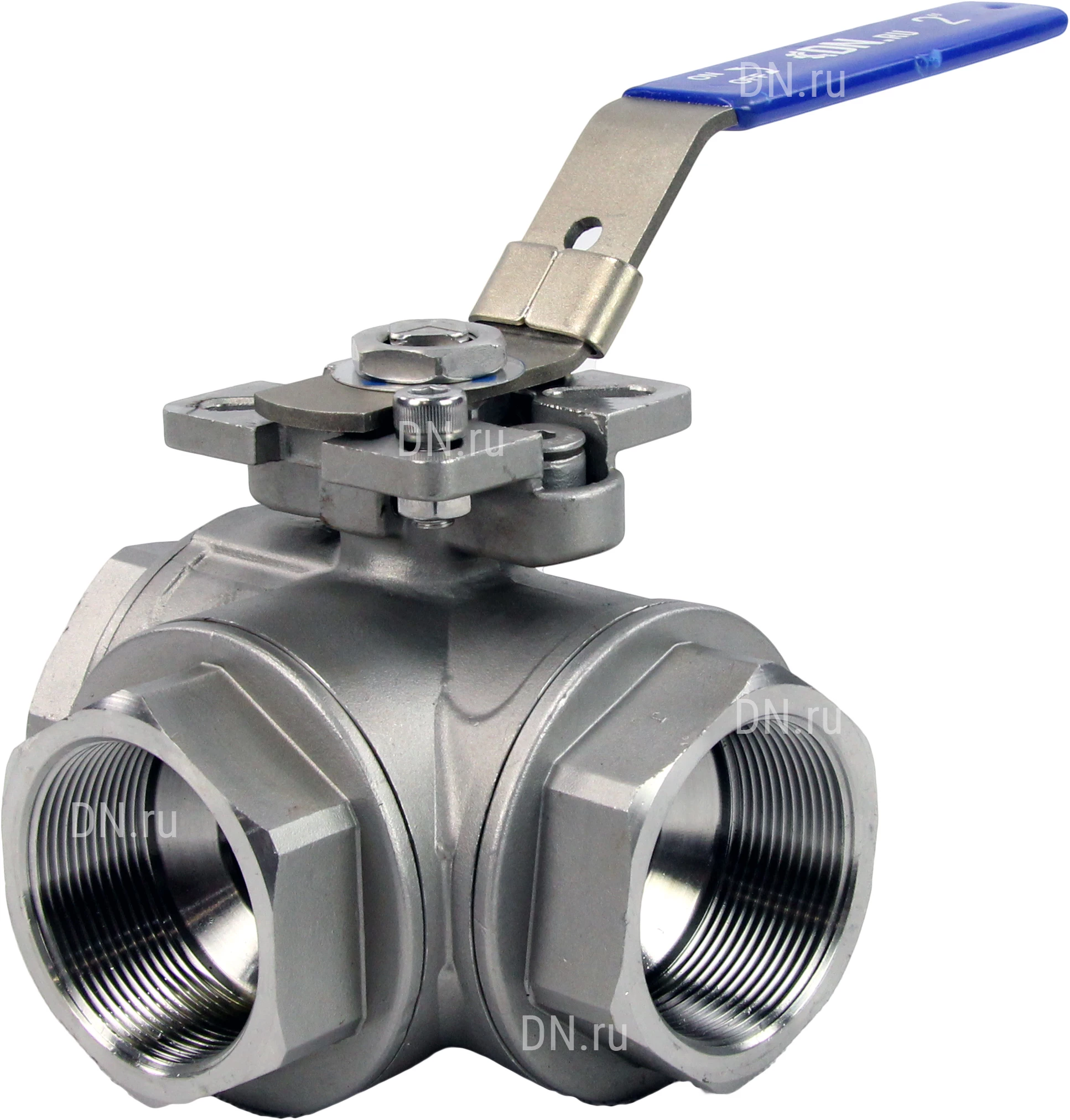 Изображение товара Кран шаровой DN.RU BV3232P(4pc)-SP-3WT-T-ISO-H Ду10 Ру63, 3-ходовой T-тип стандартнопроходной, внутренняя резьба, уплотнение - PTFE, материал корпуса - нержавеющая сталь SS316 с ISO фланцем и рукояткой