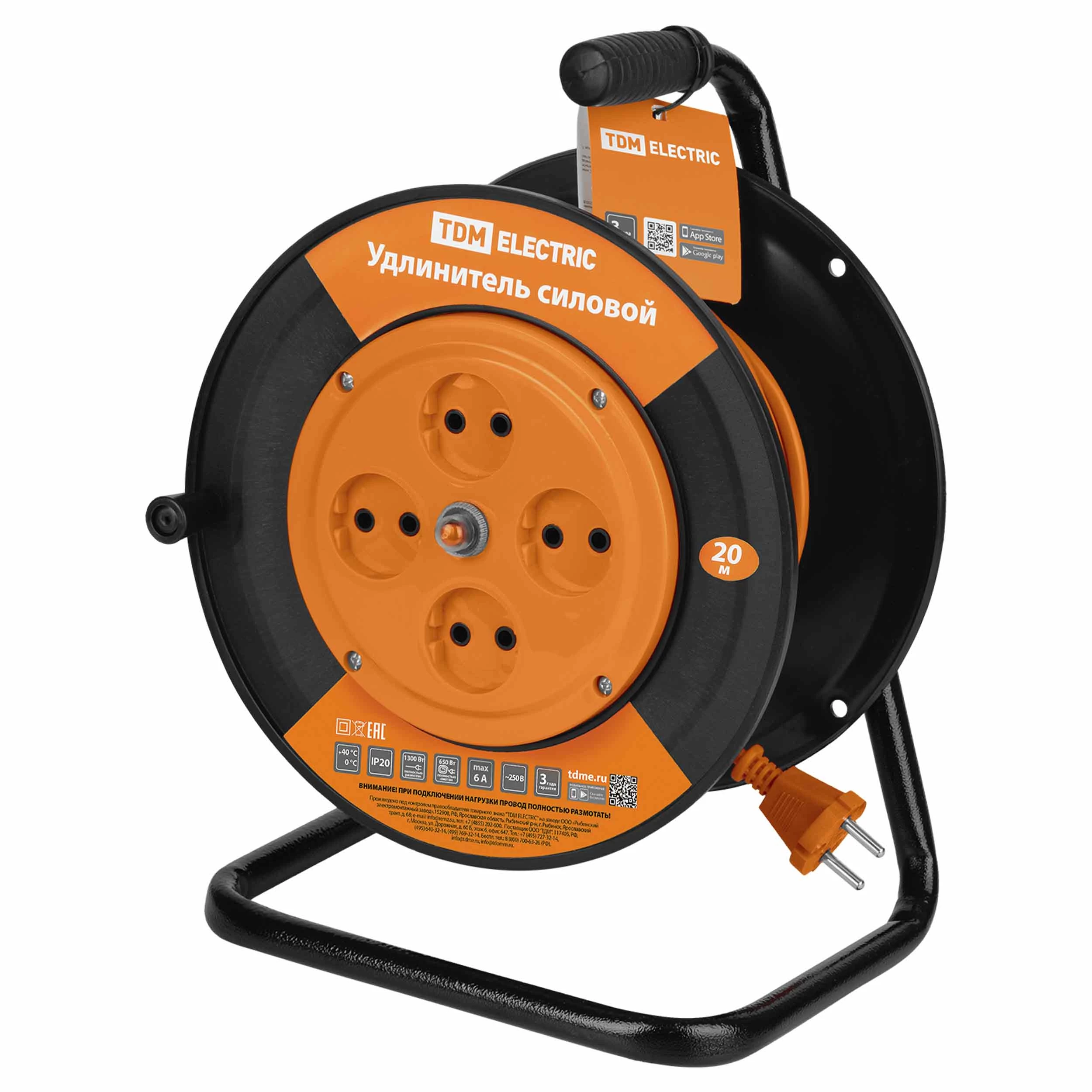 Изображение товара Удлинитель на катушке TDM ПВС 2х0.75 мм2 20 м 4 розетки IP20 Россия