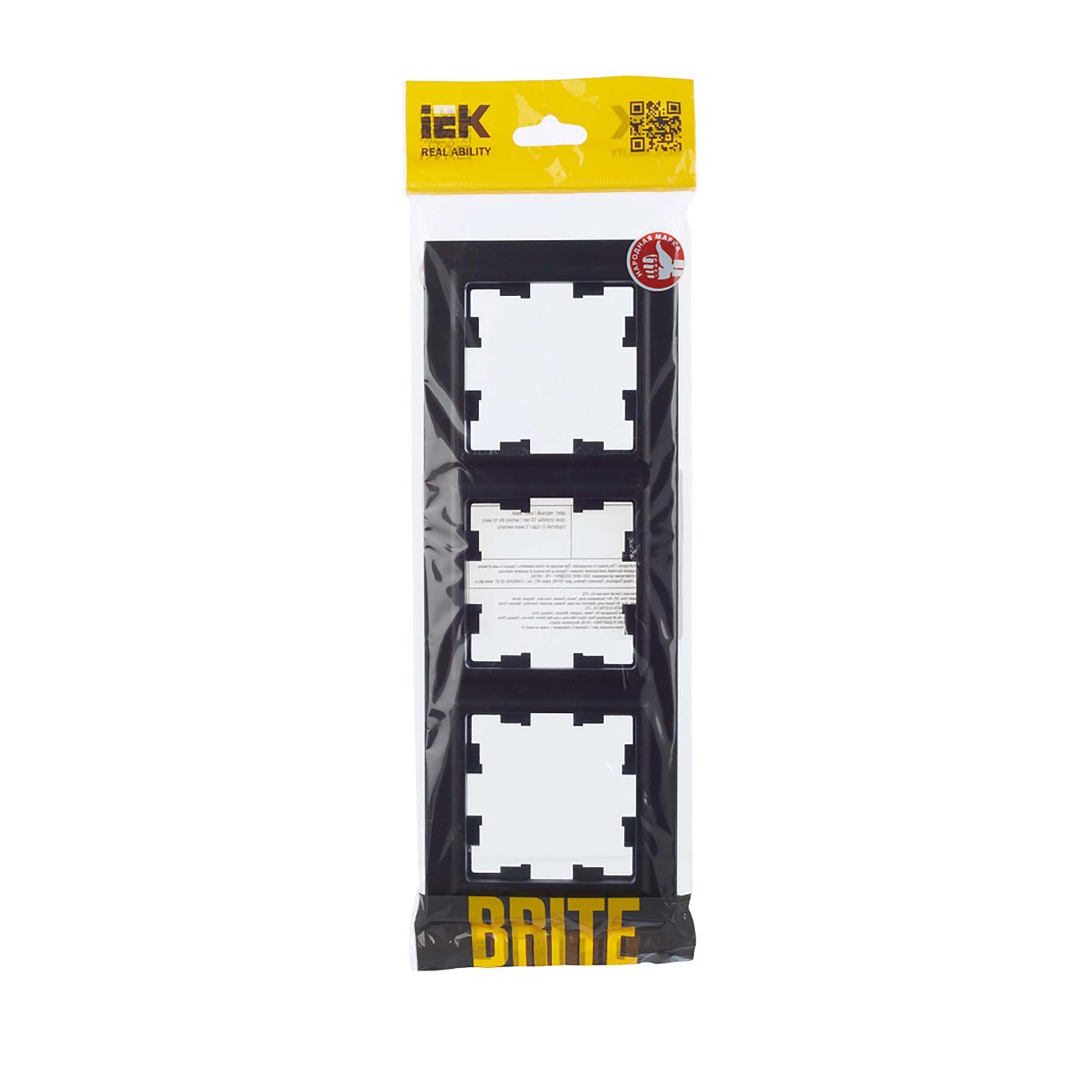 Изображение товара Рамка IEK BRITE 3 поста 84х226х11 мм корпус пластик черная универсальный монтаж