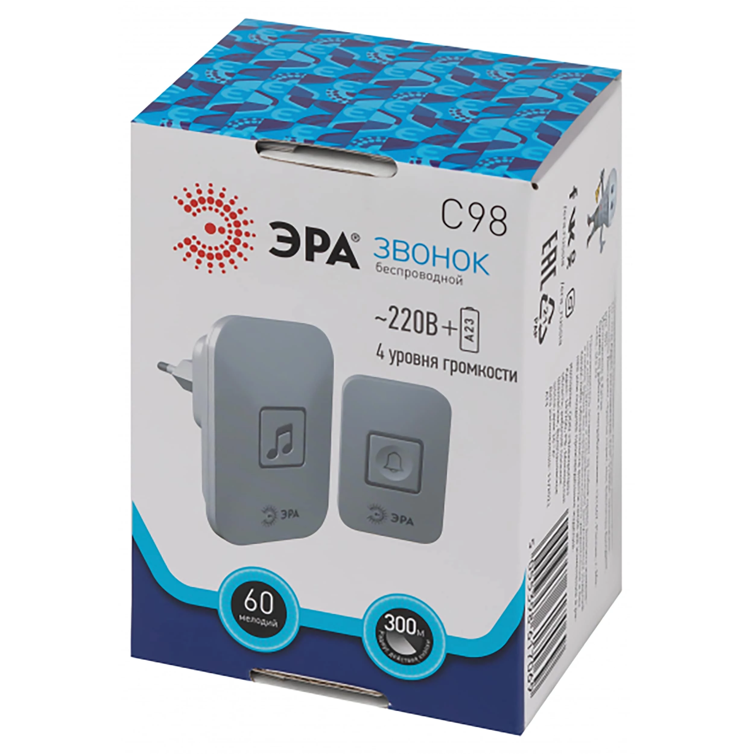 Изображение товара Звонок беспроводной ЭРА C98 способ монтажа - открытый, количество мелодий - 60 шт, радиус действия - 70 м, cтепень защиты - IP20, цвет - белый