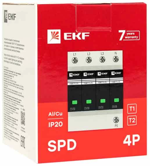 Изображение товара УЗИП EKF PROxima Т1+Т2 3+1 Iimp-12.5kA In-20kA Uc-275В, 4 модуля, импульсный ток Iimp 12.5 kA, сброс импульсного тока In-20kA, напряжение переменного тока Uc-275В
