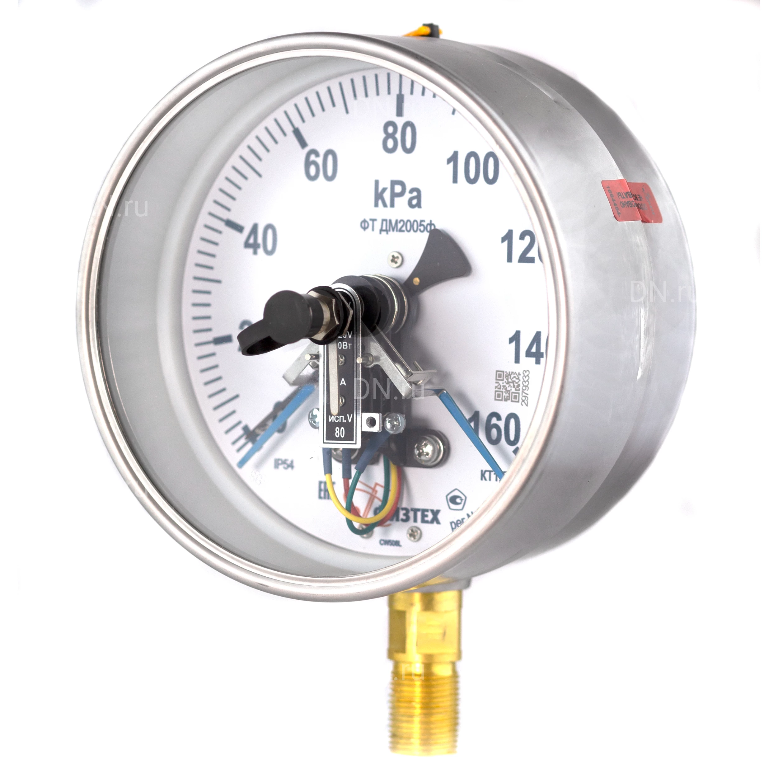 Изображение товара Манометр ФИЗТЕХ ДМ2005ф 0-160 кПа d.160 класс точности 1.5, резьбовое соединение М20х1.5, степень защиты корпуса IP40, электроконтактный, с сигнализирующим устройством тип V, радиальное присоединение