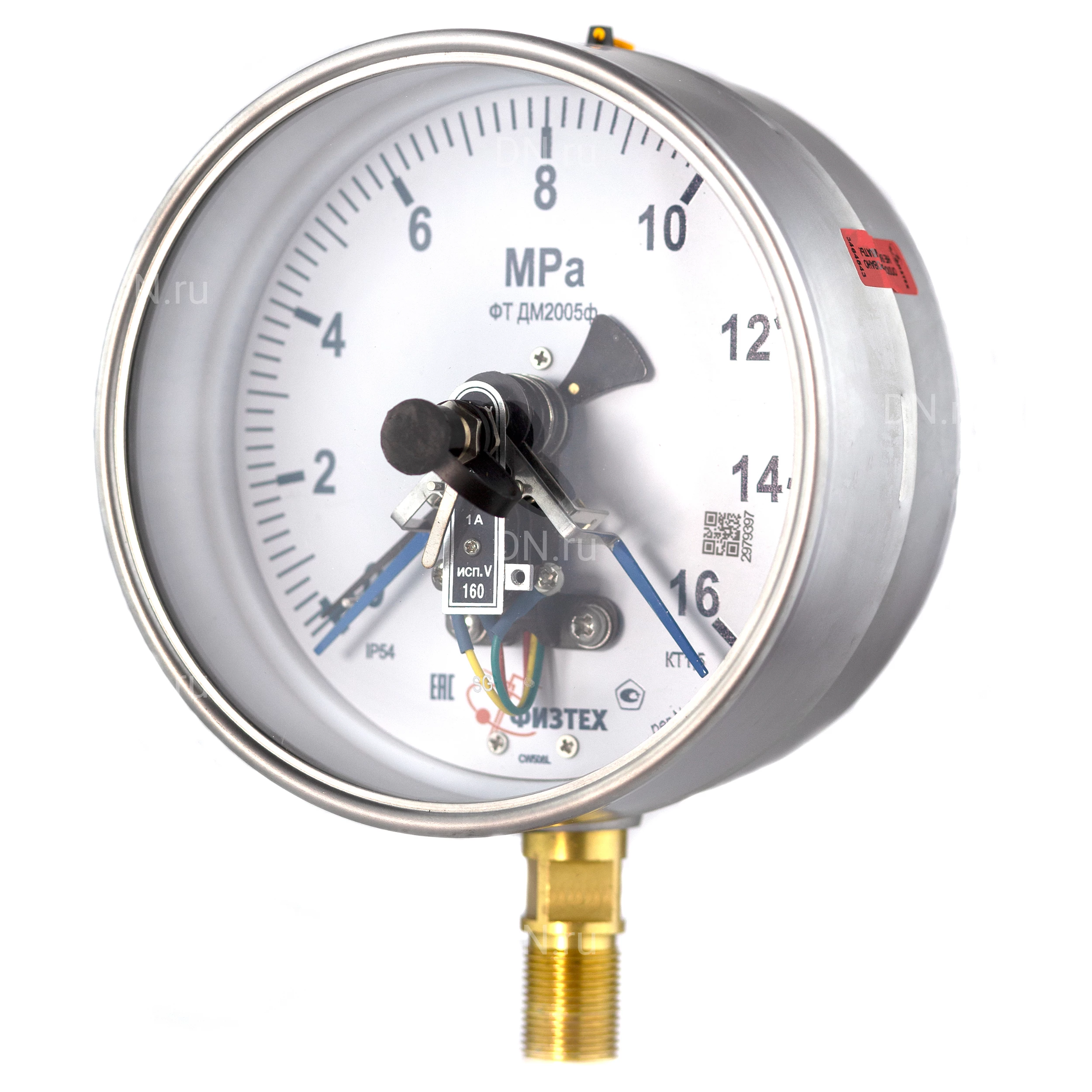 Изображение товара Манометр ФИЗТЕХ ДМ2005ф 0-16 МПа d.160 класс точности 1.5, резьбовое соединение М20х1.5, степень защиты корпуса IP40, электроконтактный, с сигнализирующим устройством тип V, радиальное присоединение