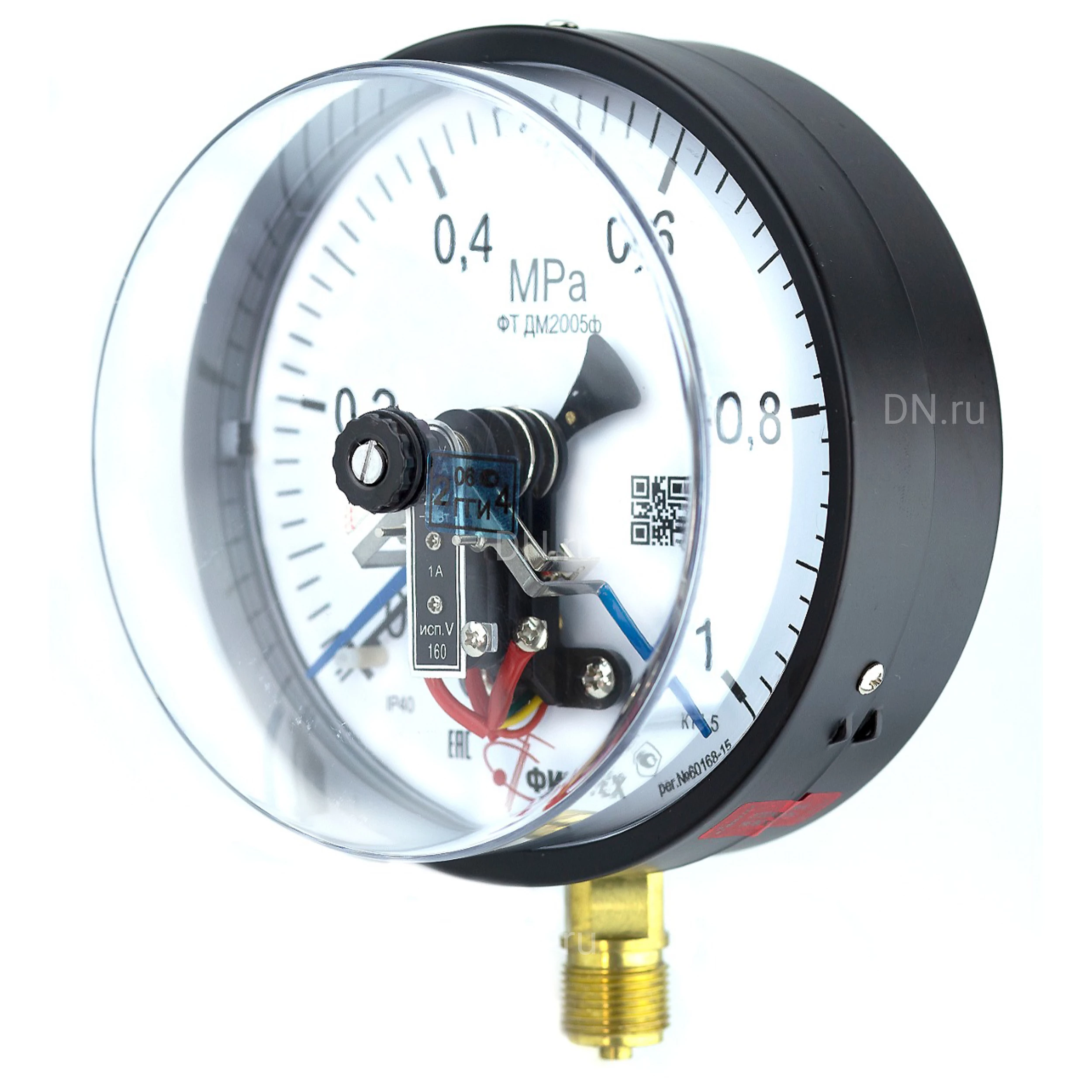 Изображение товара Манометр ФИЗТЕХ ДМ2005ф 0-1 МПа d.160 класс точности 1.5, резьбовое соединение М20х1.5, степень защиты корпуса IP40, электроконтактный, с сигнализирующим устройством тип V, радиальное присоединение