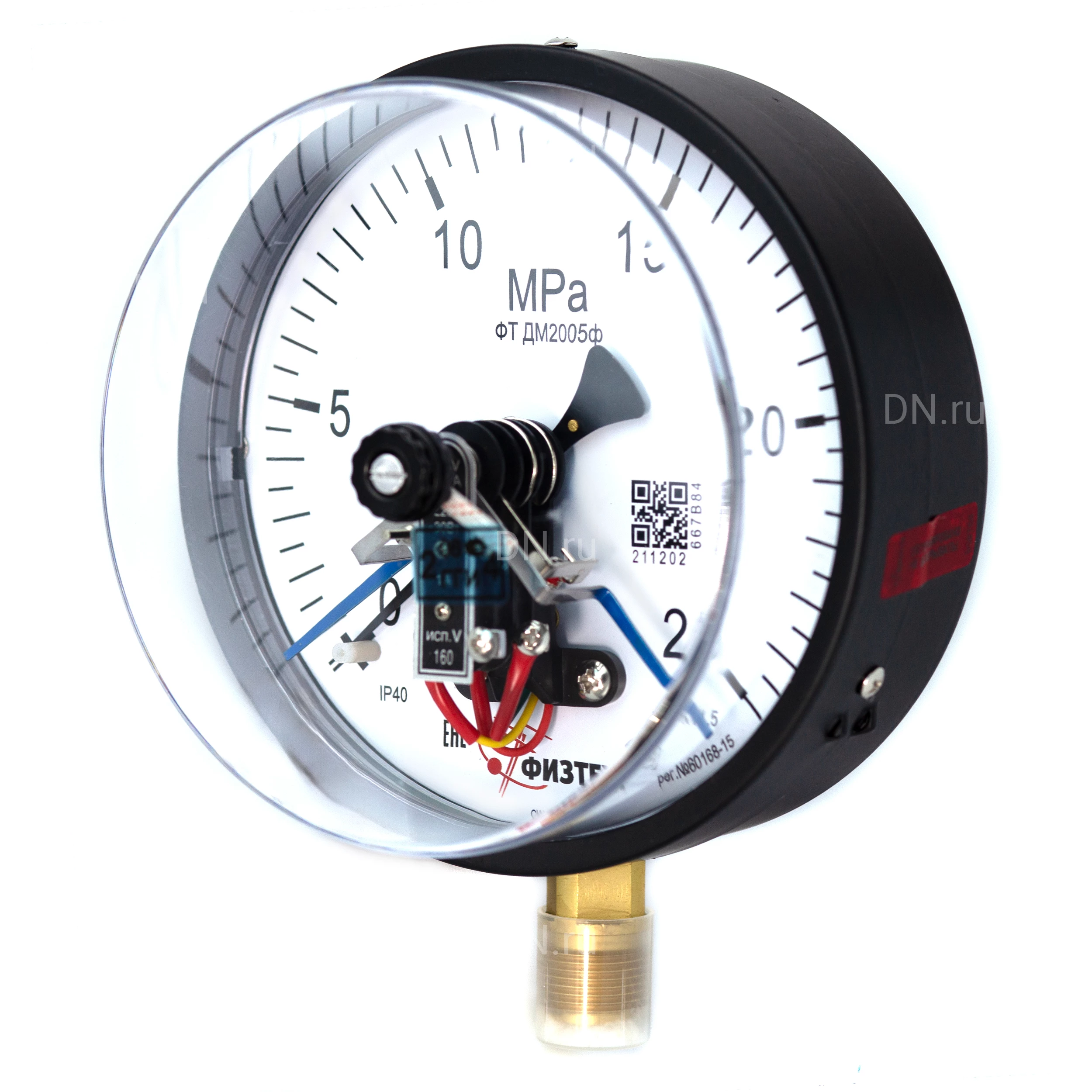Изображение товара Манометр ФИЗТЕХ ДМ2005ф 0-25 МПа d.160 класс точности 1.5, резьбовое соединение М20х1.5, степень защиты корпуса IP40, электроконтактный, с сигнализирующим устройством тип V, радиальное присоединение