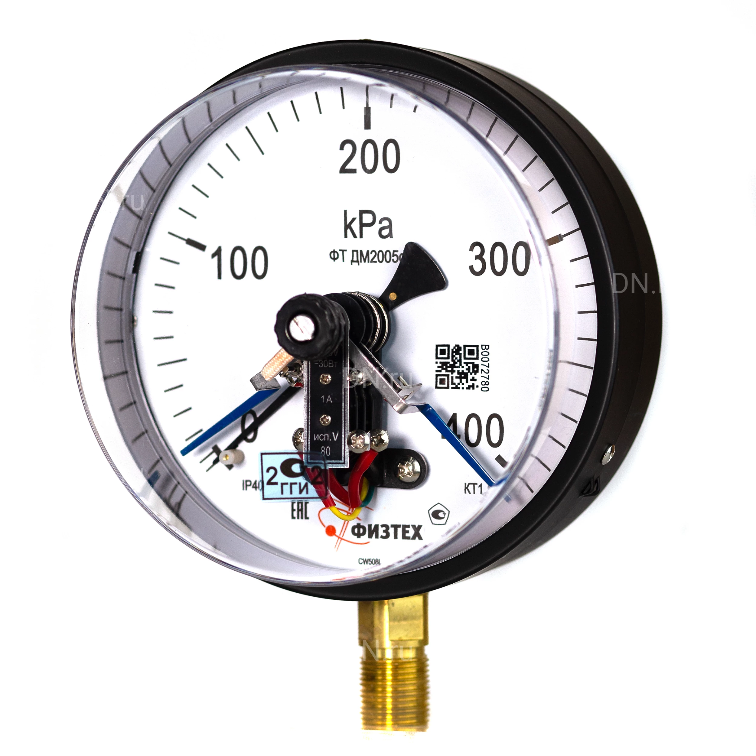 Изображение товара Манометр ФИЗТЕХ ДМ2005ф 0-400 кПа d.160 класс точности 1.5, резьбовое соединение М20х1.5, степень защиты корпуса IP40, электроконтактный, с сигнализирующим устройством тип V, радиальное присоединение