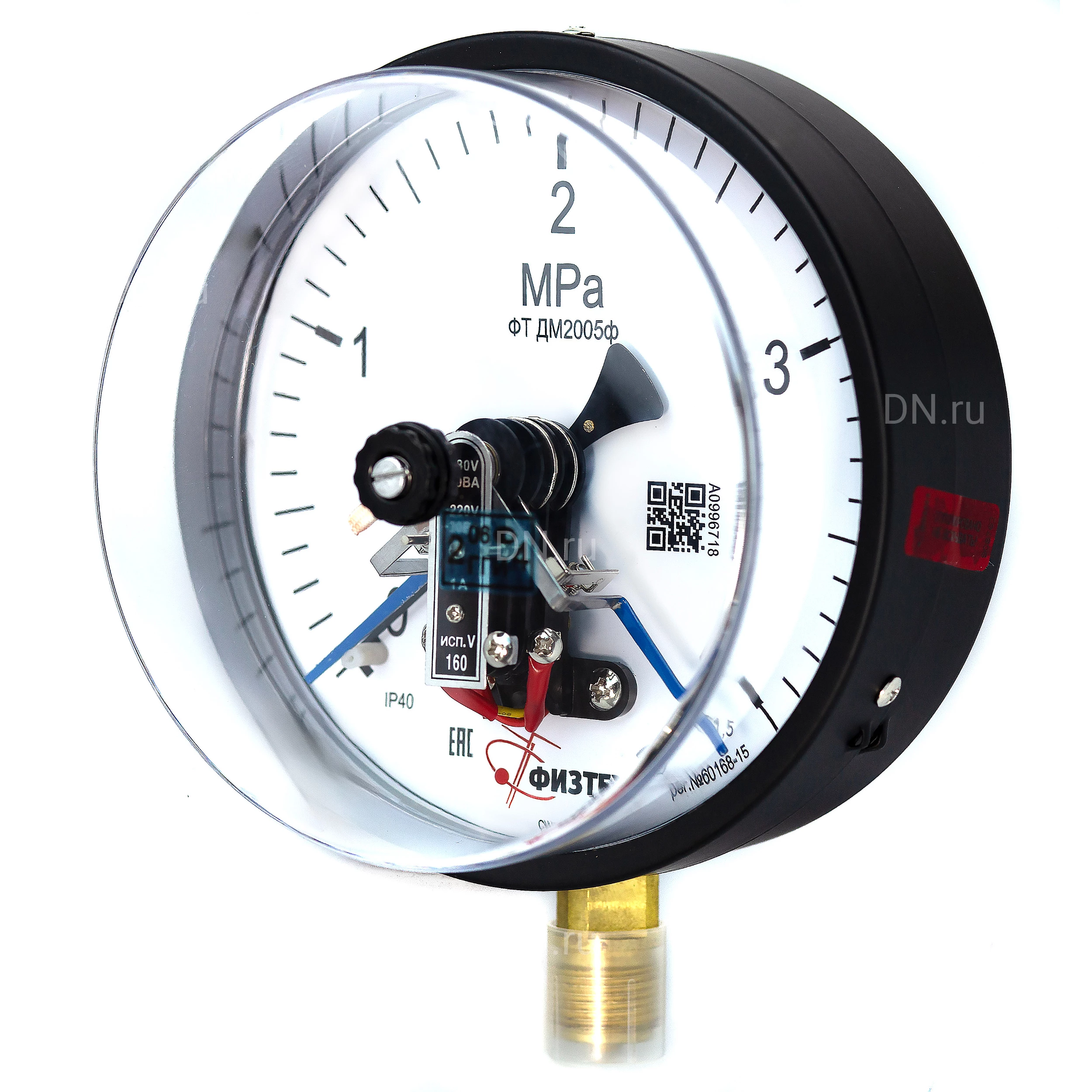 Изображение товара Манометр ФИЗТЕХ ДМ2005ф 0-4 МПа d.160 класс точности 1.5, резьбовое соединение М20х1.5, степень защиты корпуса IP40, электроконтактный, с сигнализирующим устройством тип V, радиальное присоединение