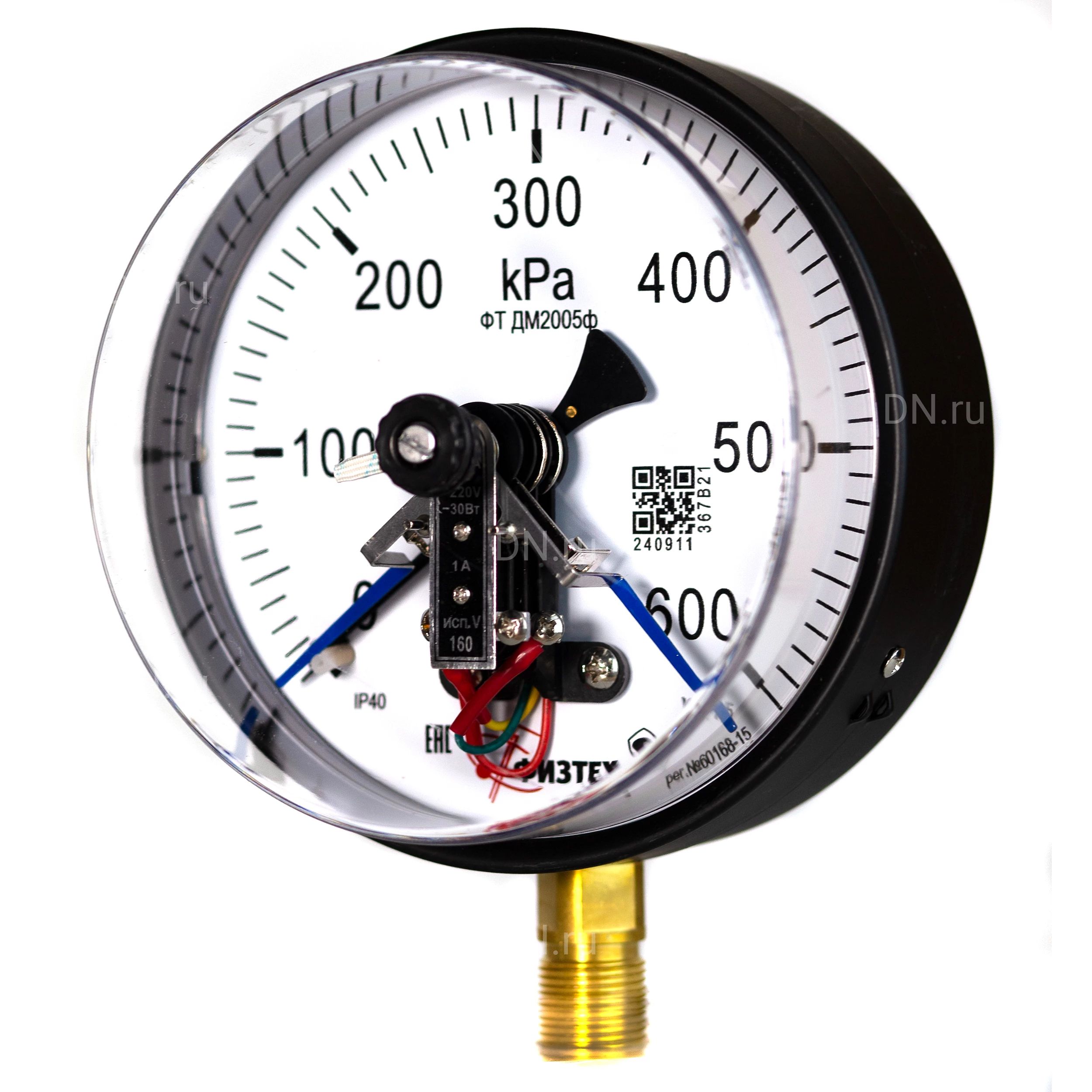 Изображение товара Манометр ФИЗТЕХ ДМ2005ф 0-600 кПа d.160 класс точности 1.5, резьбовое соединение М20х1.5, степень защиты корпуса IP40, электроконтактный, с сигнализирующим устройством тип V, радиальное присоединение