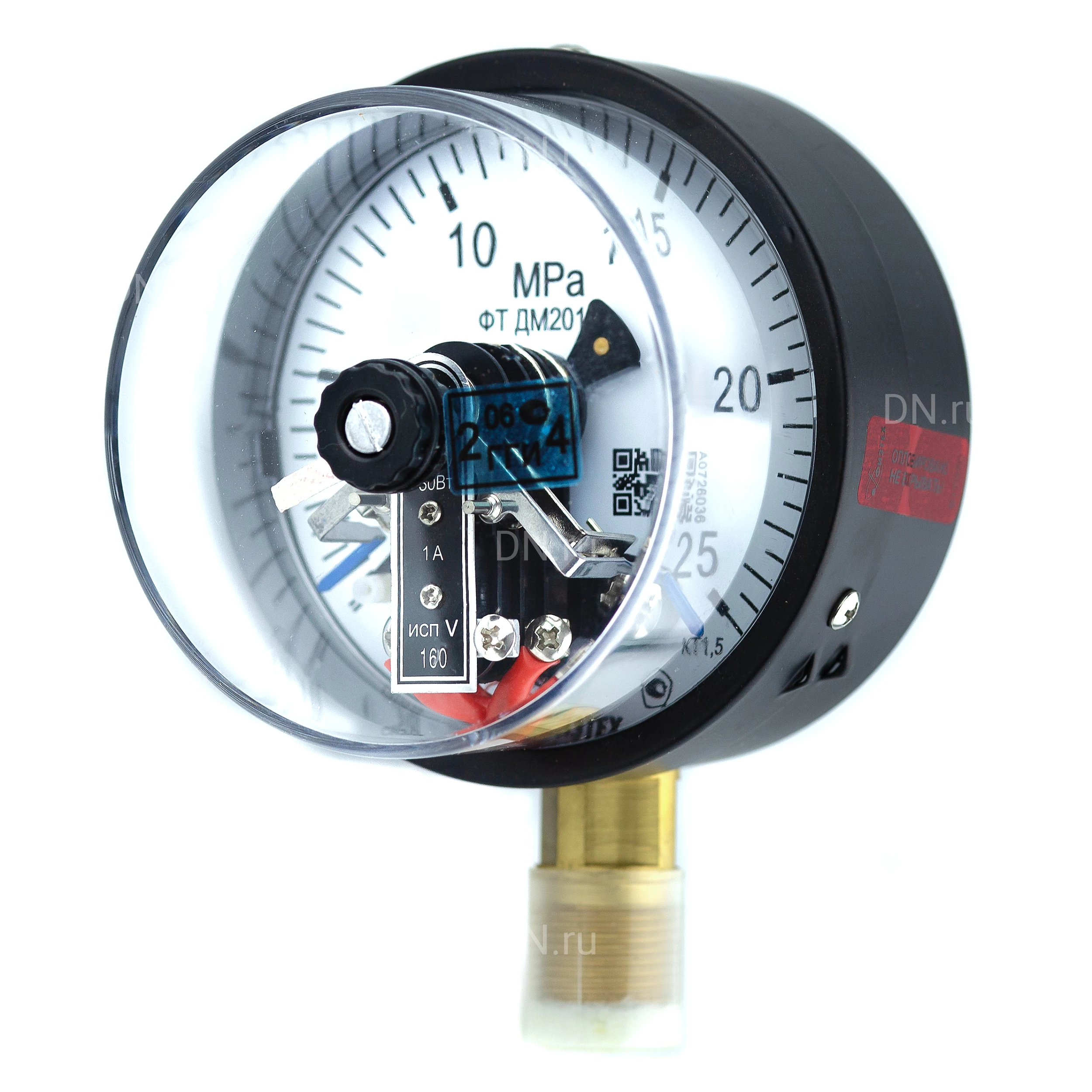 Изображение товара Манометр ФИЗТЕХ ДМ2010ф 0-25 МПа d.100 класс точности 1.5, резьбовое соединение М20х1.5, степень защиты корпуса IP40, электроконтактный, с сигнализирующим устройством тип V, радиальное присоединение