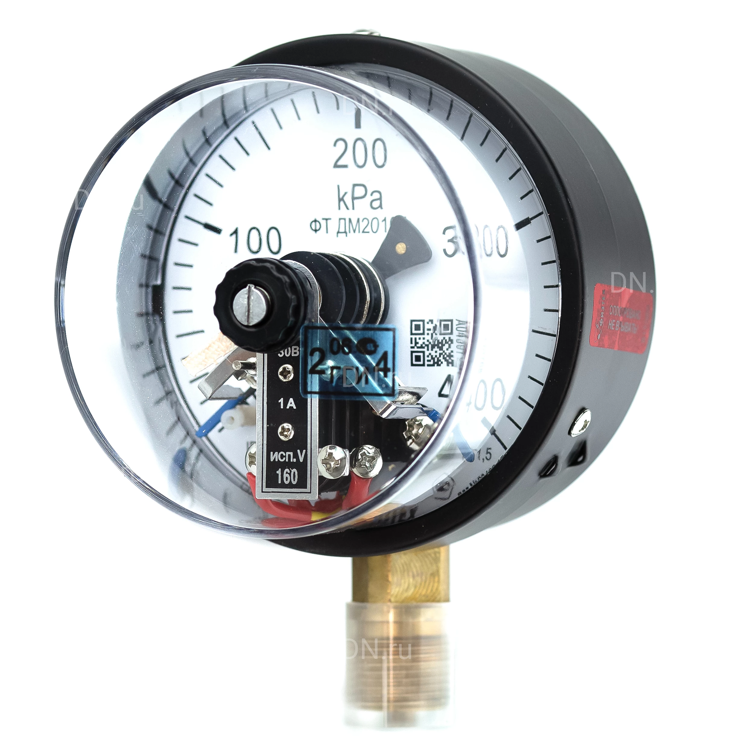 Изображение товара Манометр ФИЗТЕХ ДМ2010ф 0-400 кПа d.100 класс точности 1.5, резьбовое соединение М20х1.5, степень защиты корпуса IP40, электроконтактный, с сигнализирующим устройством тип V, радиальное присоединение