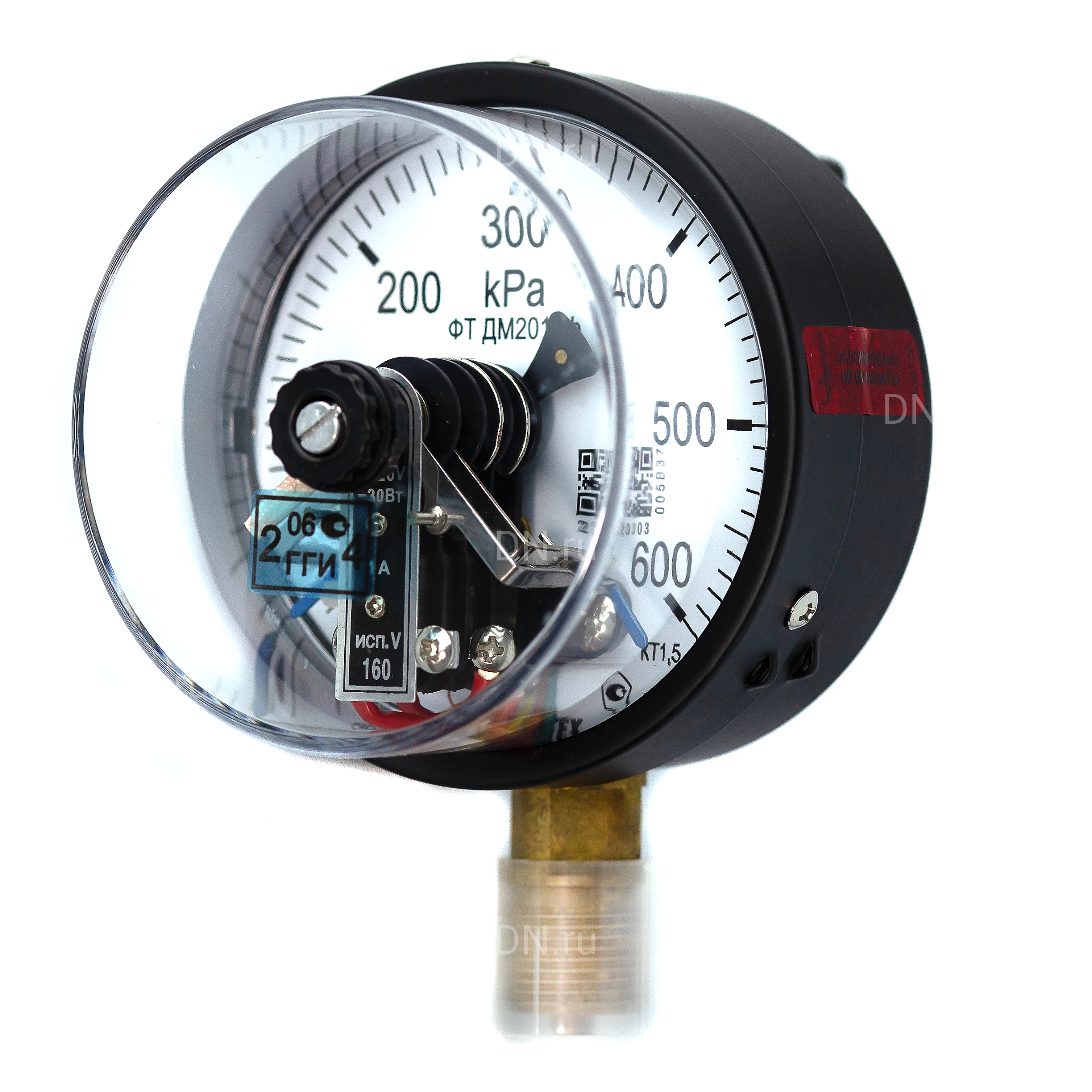 Изображение товара Манометр ФИЗТЕХ ДМ2010ф 0-600 кПа d.100 класс точности 1.5, резьбовое соединение М20х1.5, степень защиты корпуса IP40, электроконтактный, с сигнализирующим устройством тип V, радиальное присоединение