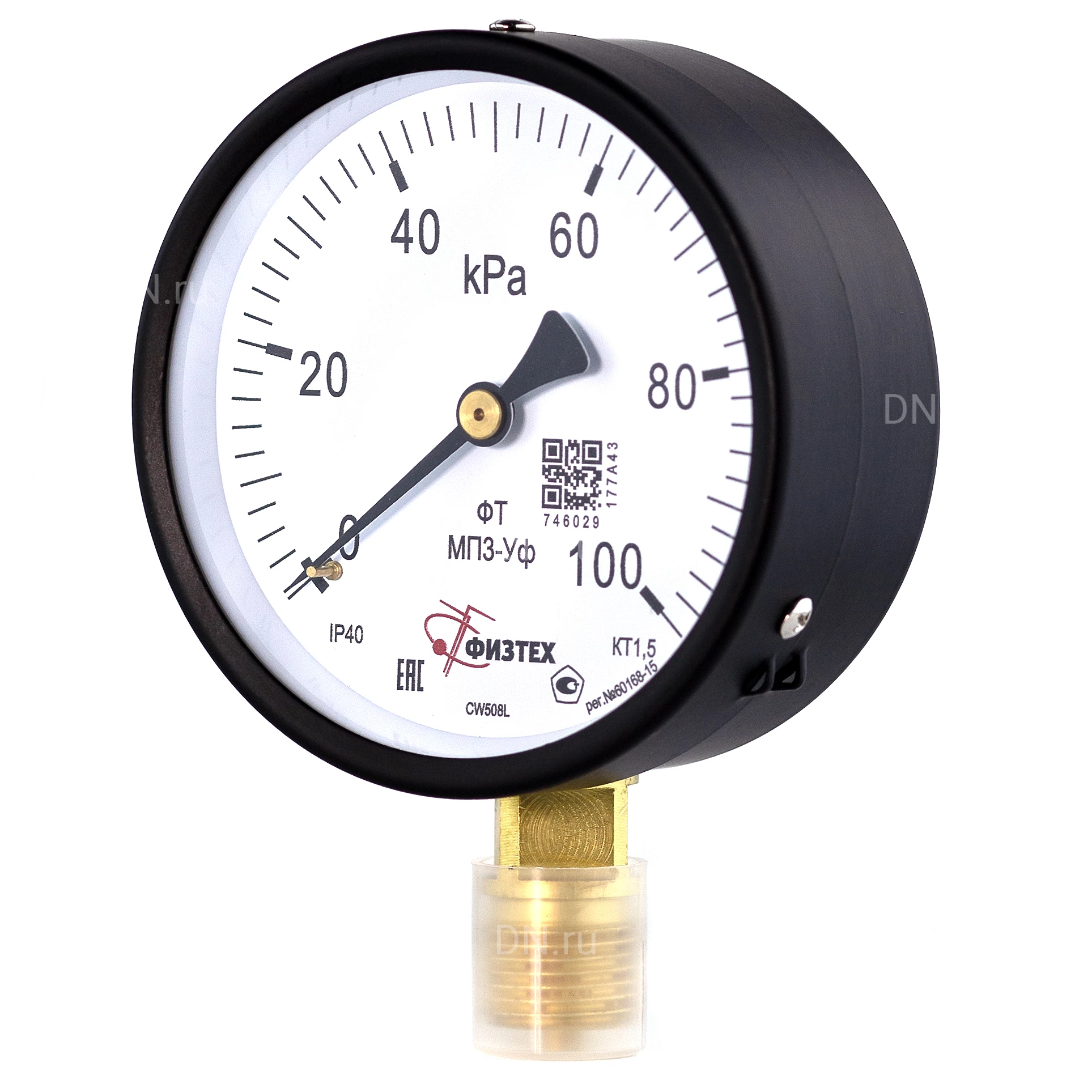 Изображение товара Манометр ФИЗТЕХ МП3-Уф (0-100 кПа) IP40, общетехнический 100мм, радиальное присоединение, резьба G1/2, класс точности 1.5