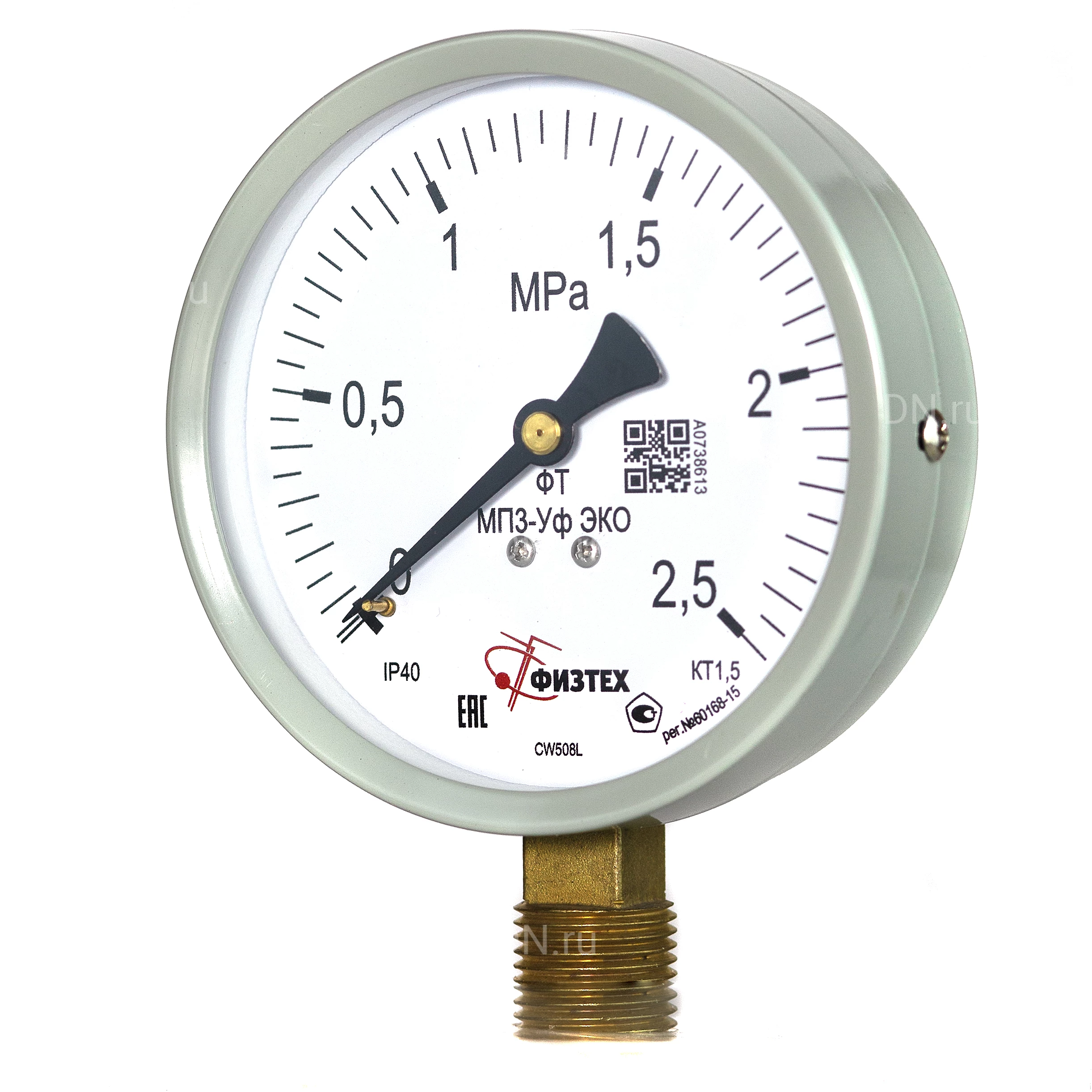 Изображение товара Манометр ФИЗТЕХ МП3-Уф (0-2.5 МПа) IP40, общетехнический 100мм, исполнение ЭКО, радиальное присоединение, резьба М20х1.5, класс точности 1.5