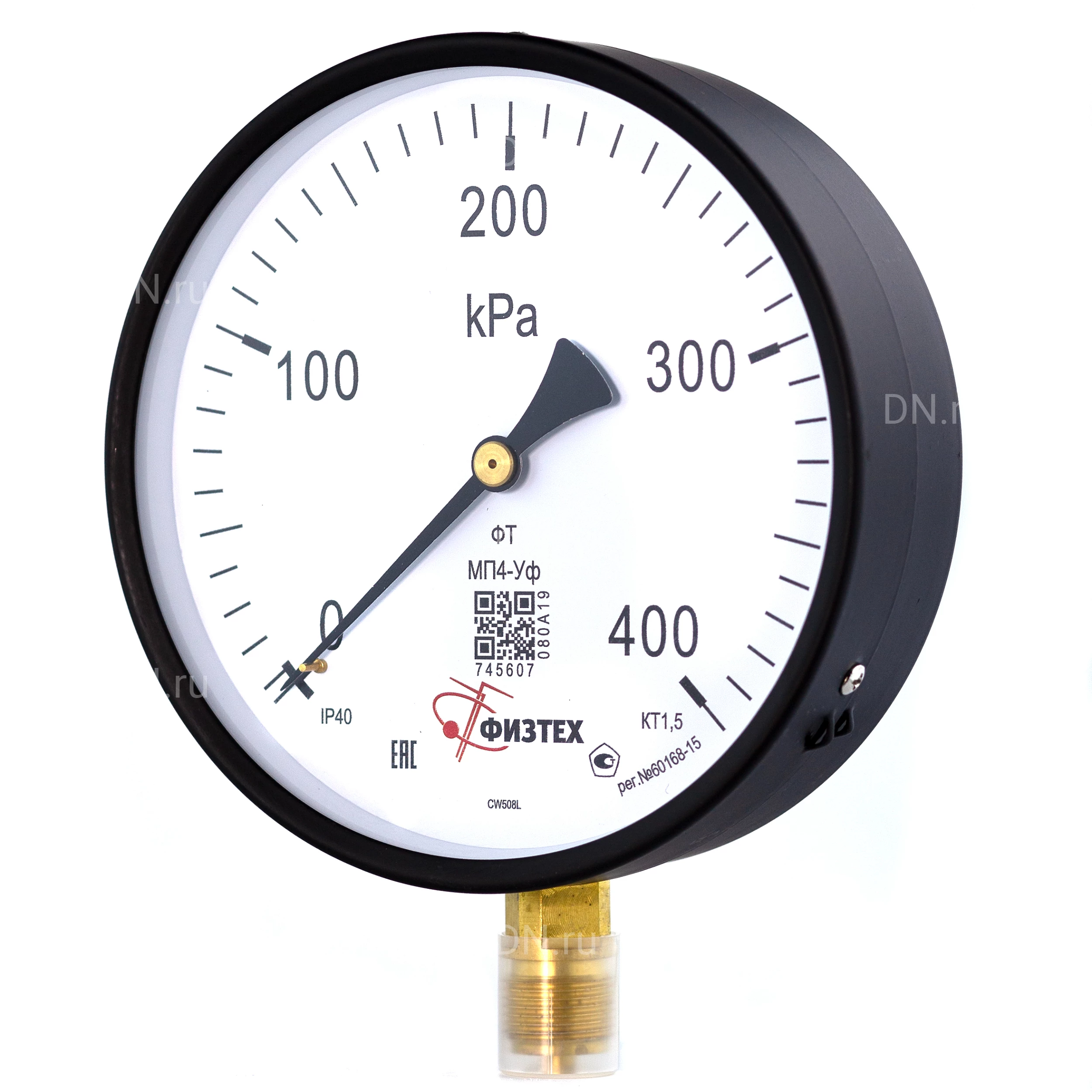 Изображение товара Манометр ФИЗТЕХ МП4-Уф 0-400 кПа IP40, общетехнический 160 мм, резьба М20х1.5, класс точности - 1.5, радиальный штуцер