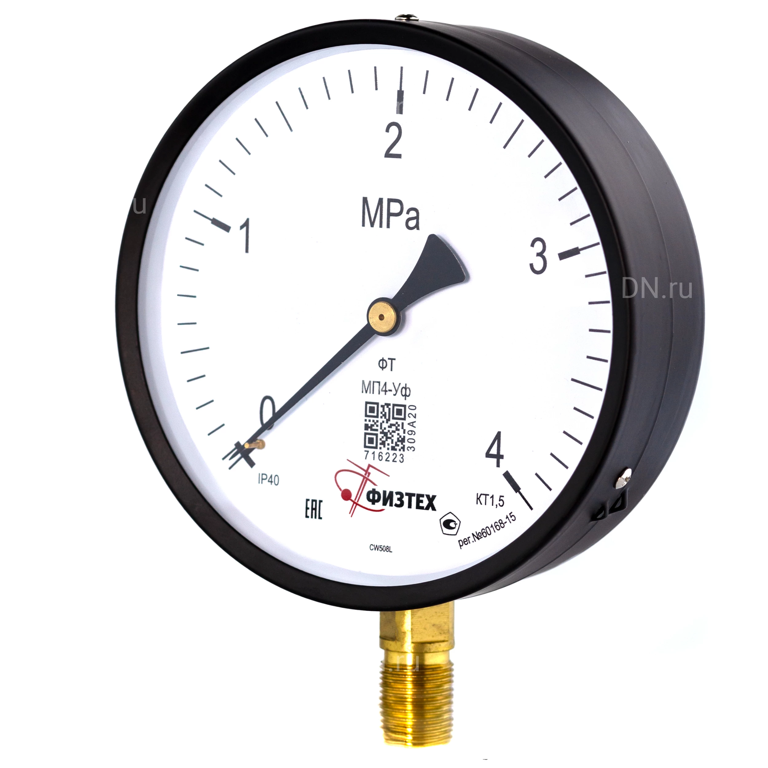 Изображение товара Манометр ФИЗТЕХ МП4-Уф 0-4 МПа IP40, общетехнический 160 мм, резьба М20х1.5, класс точности - 1.5, радиальный штуцер