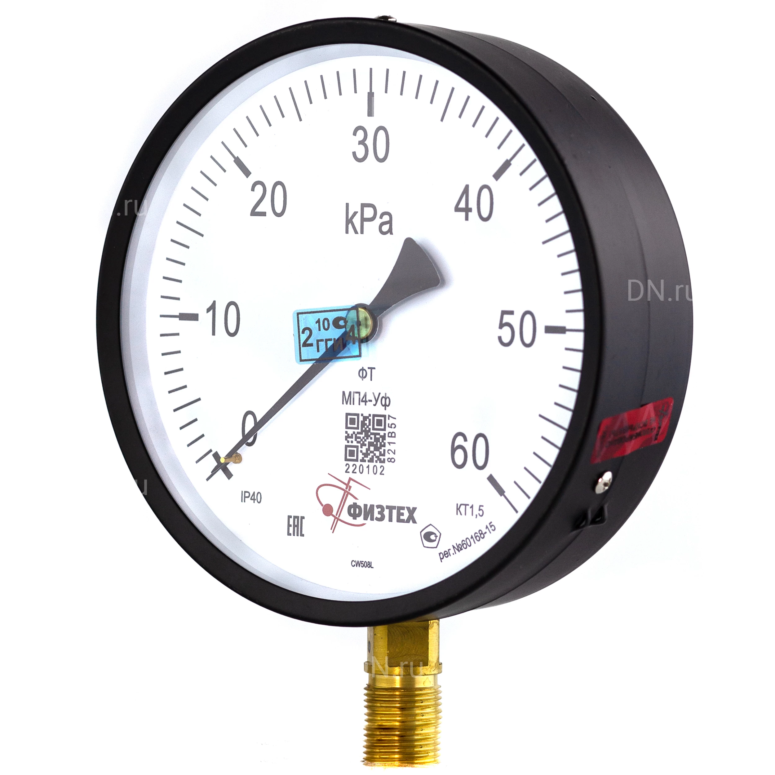 Изображение товара Манометр ФИЗТЕХ МП4-Уф 0-60 кПа IP40, общетехнический 160 мм, резьба М20х1.5, класс точности - 1.5, радиальный штуцер