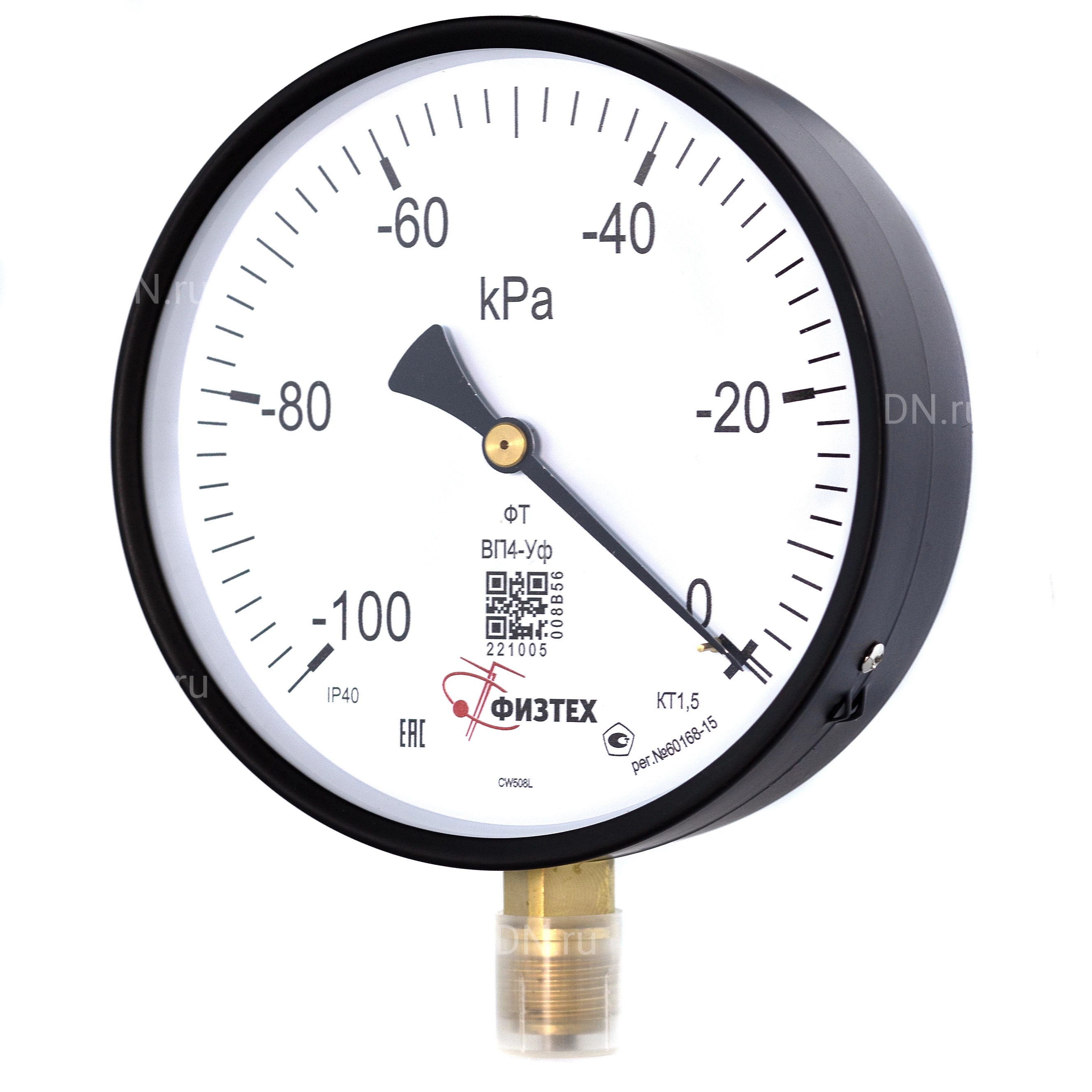 Изображение товара Вакуумметр ФИЗТЕХ ВП4-Уф -100-0 кПа d.160 класс точности 1.5, резьбовое соединение М20х1.5, степень защиты корпуса IP40, общетехнический, радиальное присоединение
