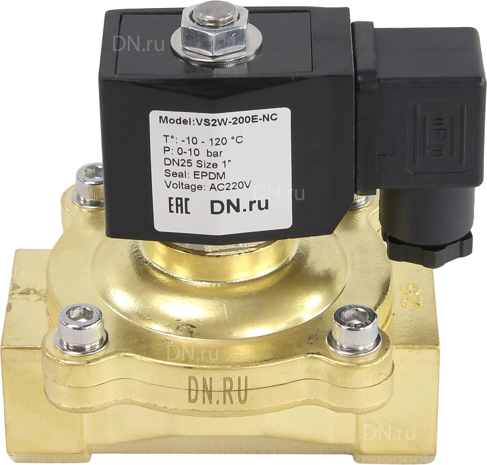 Изображение товара Клапан электромагнитный соленоидный двухходовой DN.ru VS2W-200N-NC Ду25 Ру10 корпус латунь, прямого действия, присоединение внутренняя резьба 1, нормально-закрытый (НЗ), катушка 220B (опрессовано)