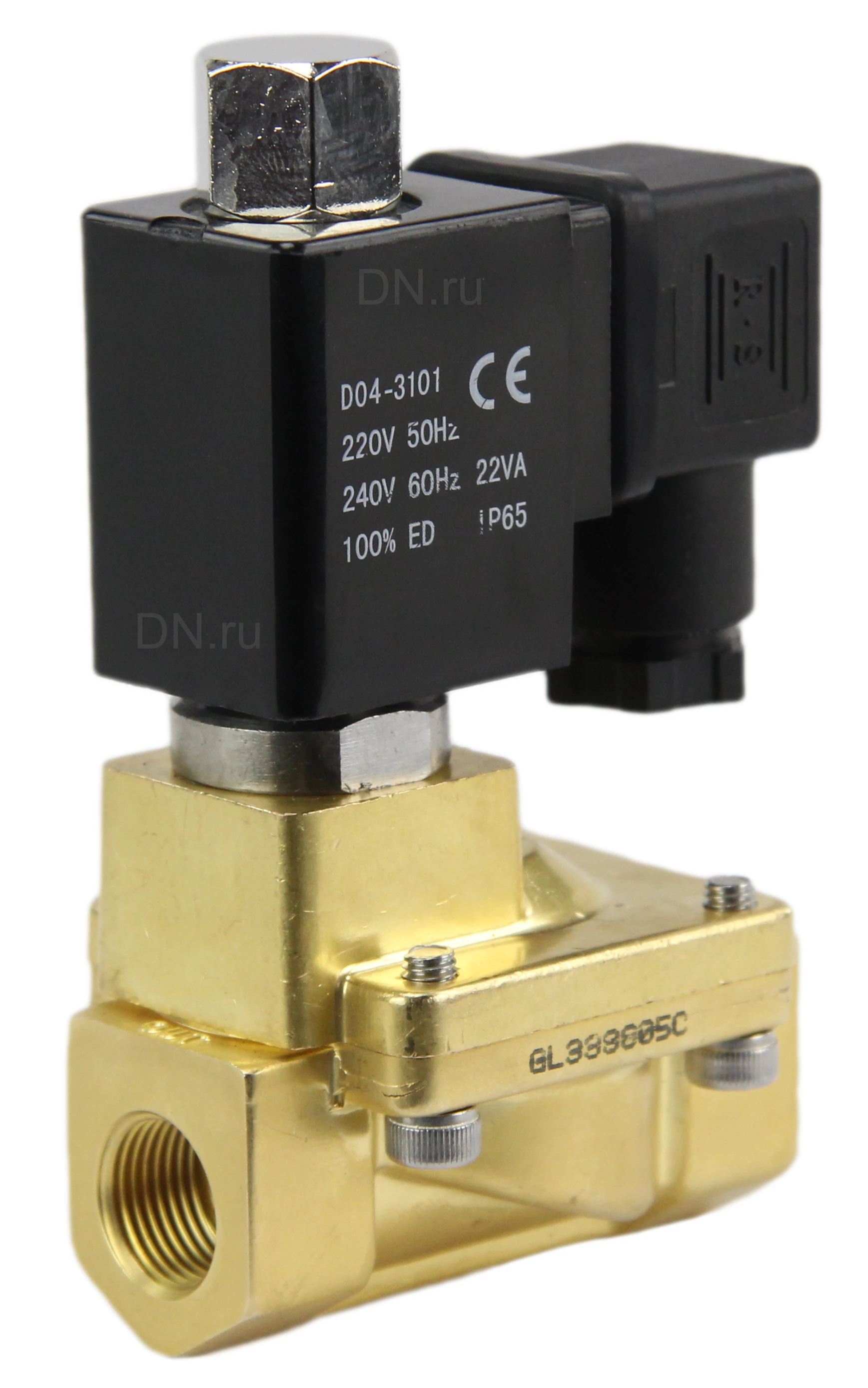 Изображение товара Клапан электромагнитный соленоидный двухходовой DN.ru-DHD31-NO пилотного действия (НО) Ду10-13 (3/8 дюйм), Ру13 резьба G, корпус - латунь, уплотнение - NBR, с катушкой 0545A 220В