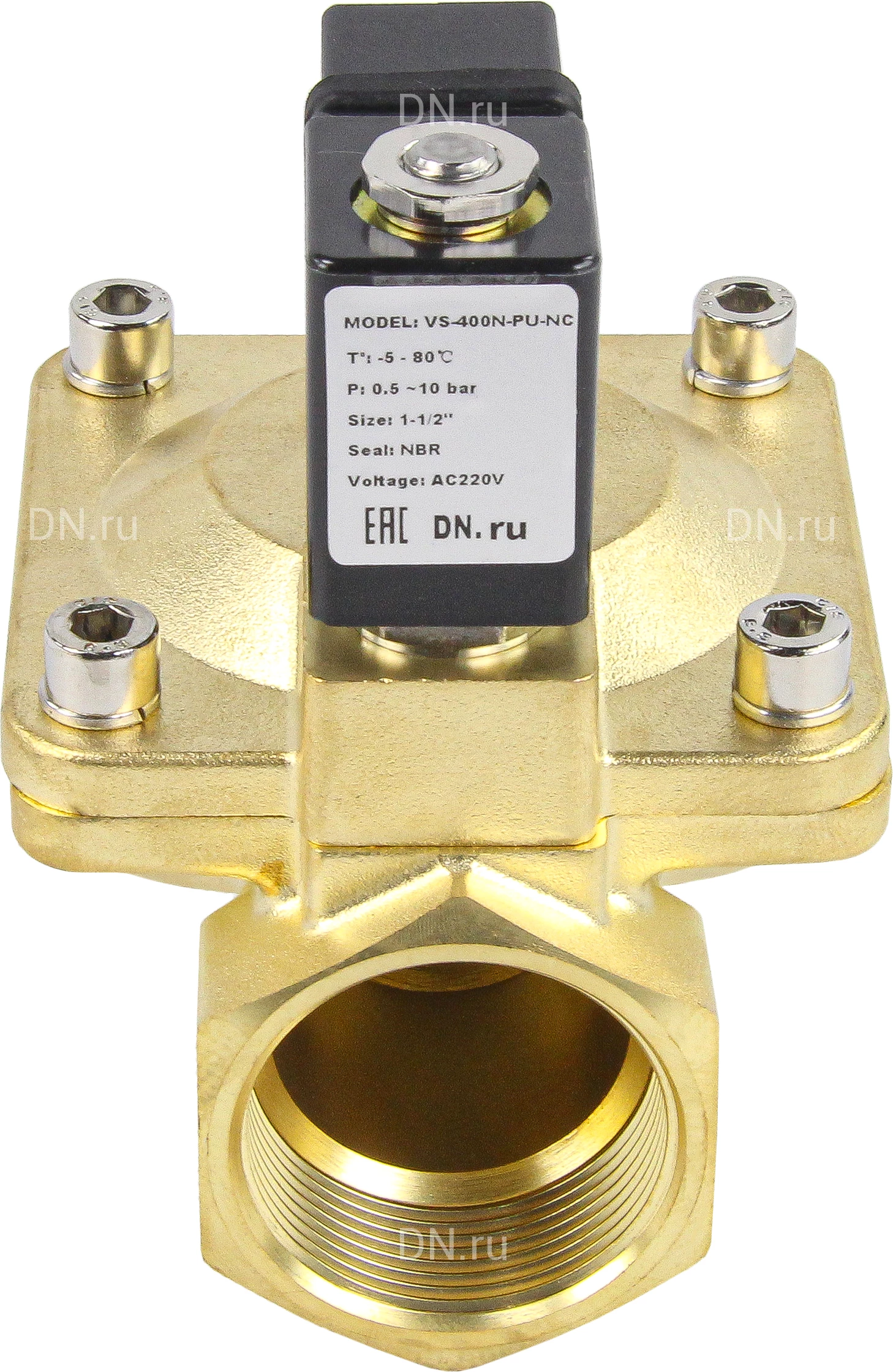 Изображение товара Клапан электромагнитный соленоидный двухходовой DN.ru VS2W-400N-PU-NC Ду50 Ру16 корпус латунь, пилотного действия, присоединение внутренняя резьба 2, нормально-закрытый (НЗ), уплотнение NBR, катушка 220В (опрессовано)
