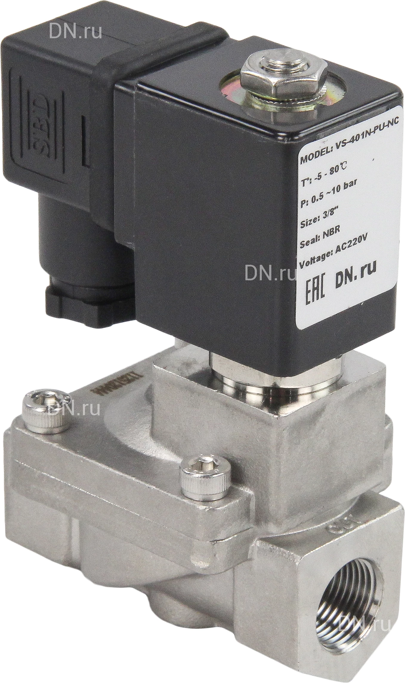 Изображение товара Клапан электромагнитный соленоидный двухходовой DN.ru VS2W-401E-PU-NC Ду10 Ру16 корпус сталь, пилотного действия, присоединение внутренняя резьба 3/8, нормально-закрытый (НЗ), уплотнение EPDM, катушка 220В (опрессовано)