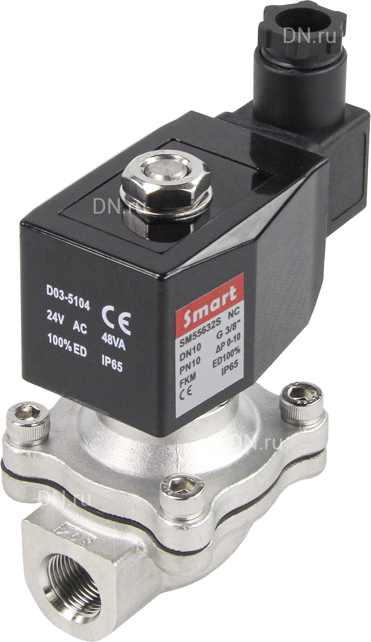 Изображение товара Клапан электромагнитный Smart SM-5563 3/8″ Ду10 Ру10 резьбовой, прямого действия, нормально-закрытый, стальной, уплотнение FKM, DC 24V