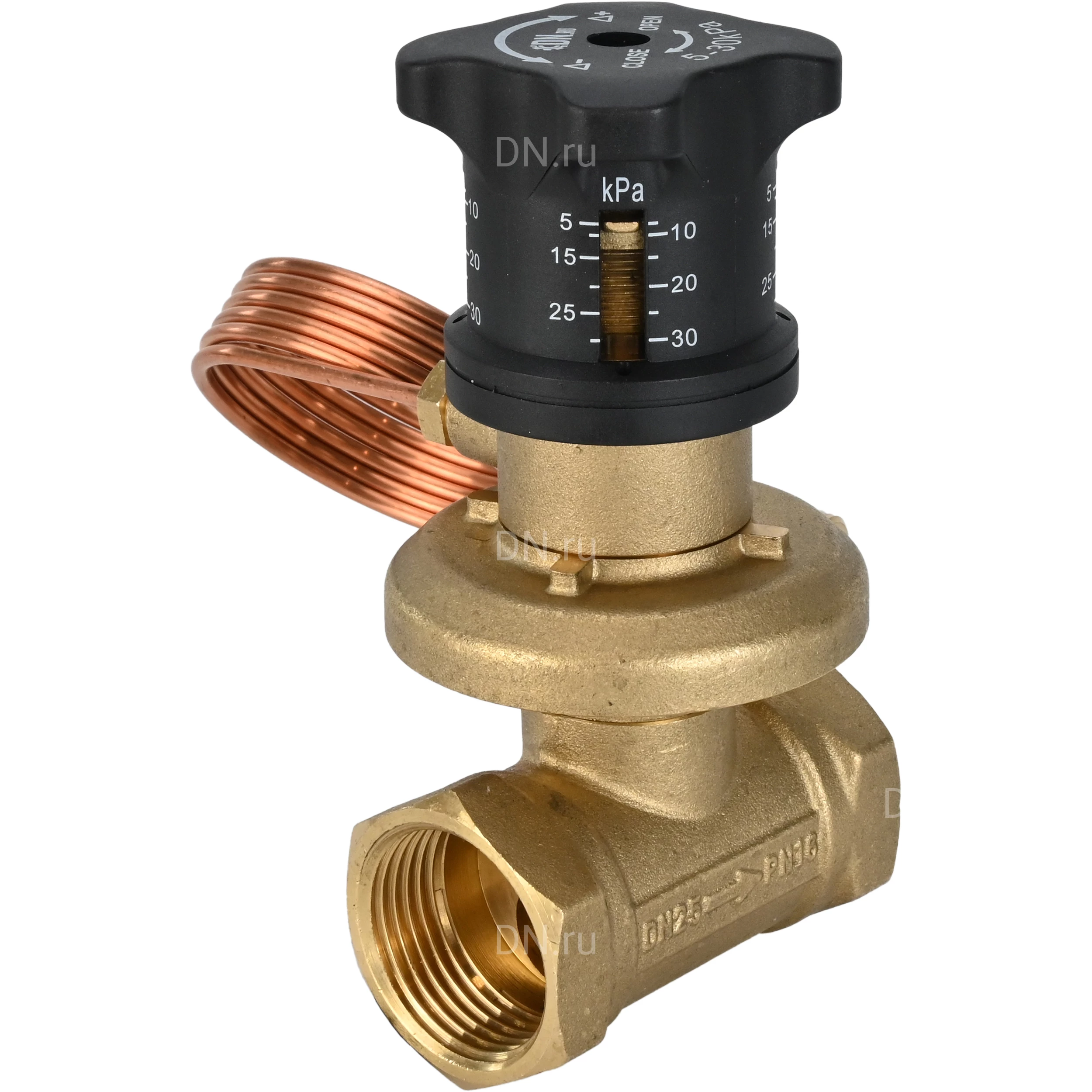 Изображение товара Клапан балансировочный автоматический DN.ru VBA0000E-T Ду25 Ру16 латунный, резьбовой, уплотнение - EPDM, Тмакс=120°С, диапазон настройки 5-30кПа, без ниппелей