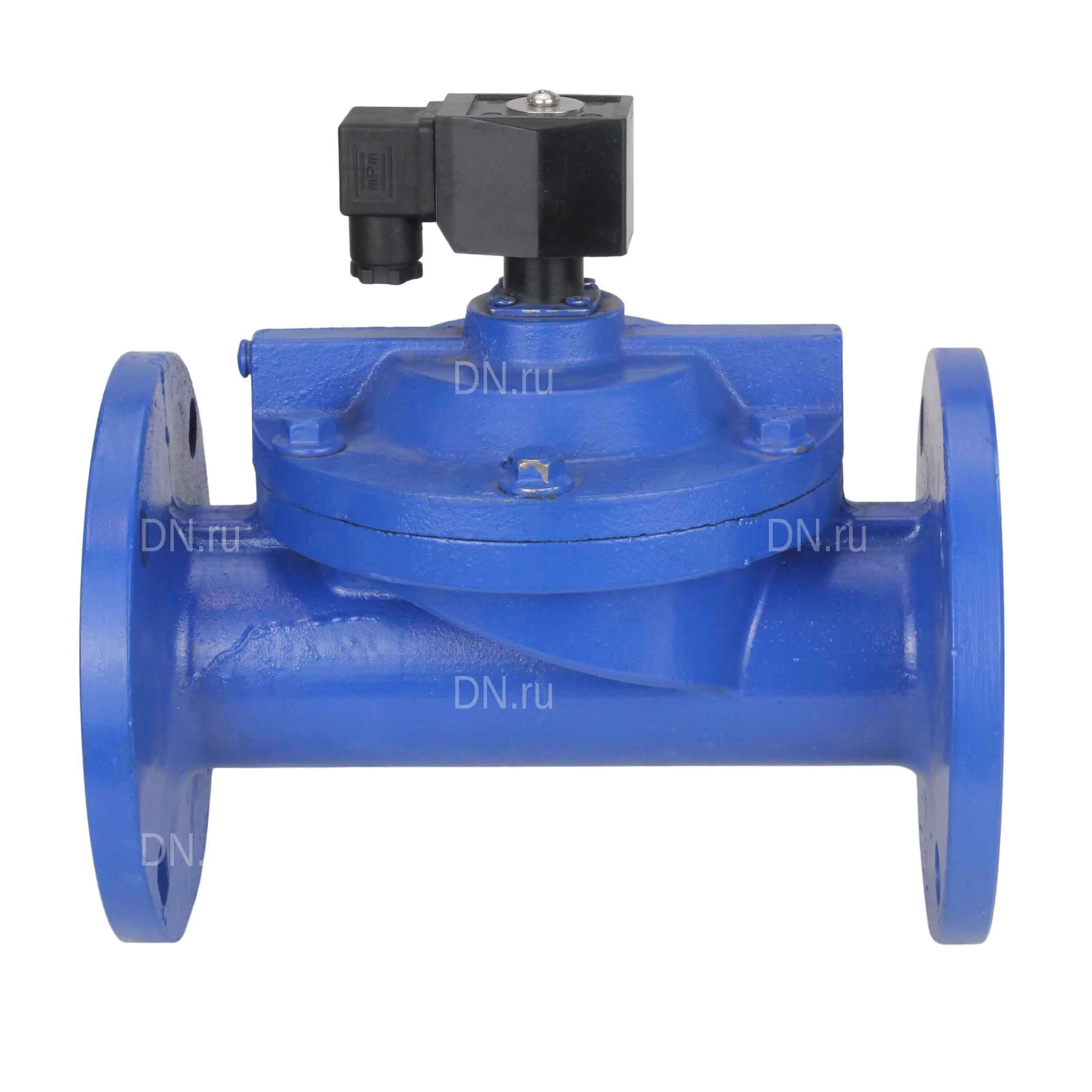 Изображение товара Клапан электромагнитный соленоидный двухходовой DN.ru-DF-C пилотного действия (НЗ) фланцевый Ду125, Ру12 корпус - чугун, уплотнение - NBR, с катушкой 220В