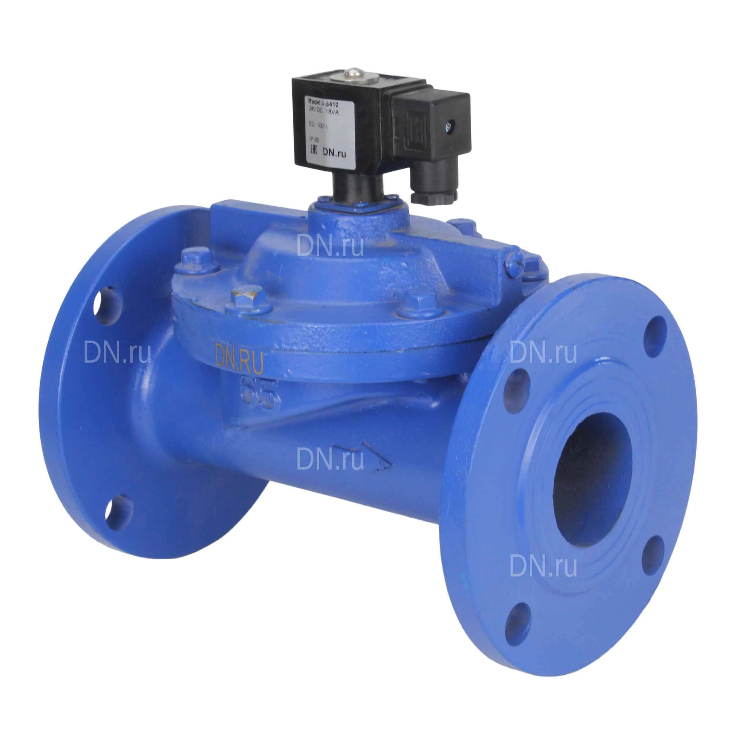 Изображение товара Клапан электромагнитный соленоидный двухходовой DN.ru-DF-C пилотного действия (НЗ) фланцевый Ду150, Ру12 корпус - чугун, уплотнение - VITON, с катушкой 220В