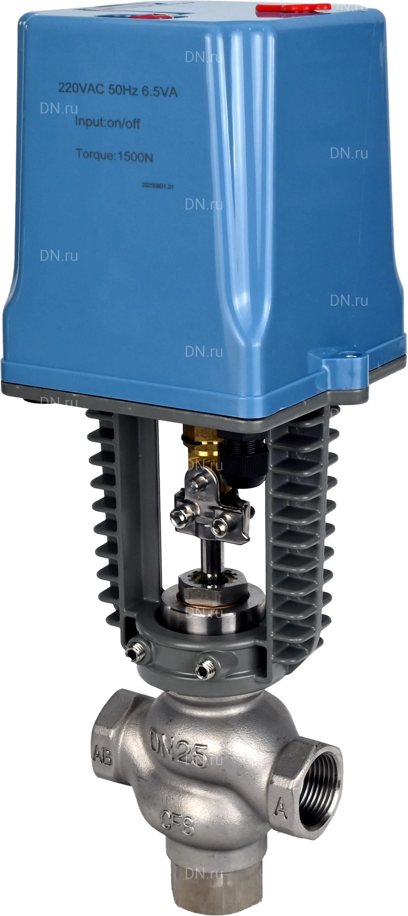 Изображение товара Клапан регулирующий трехходовой смесительный/разделительный DN.ru VRg3M/S-31M-PED-T 1/2″ Ду15 Ру25 резьбовой, корпус - нержавеющая сталь AISI304, уплотнение - металл с электроприводом AC220V