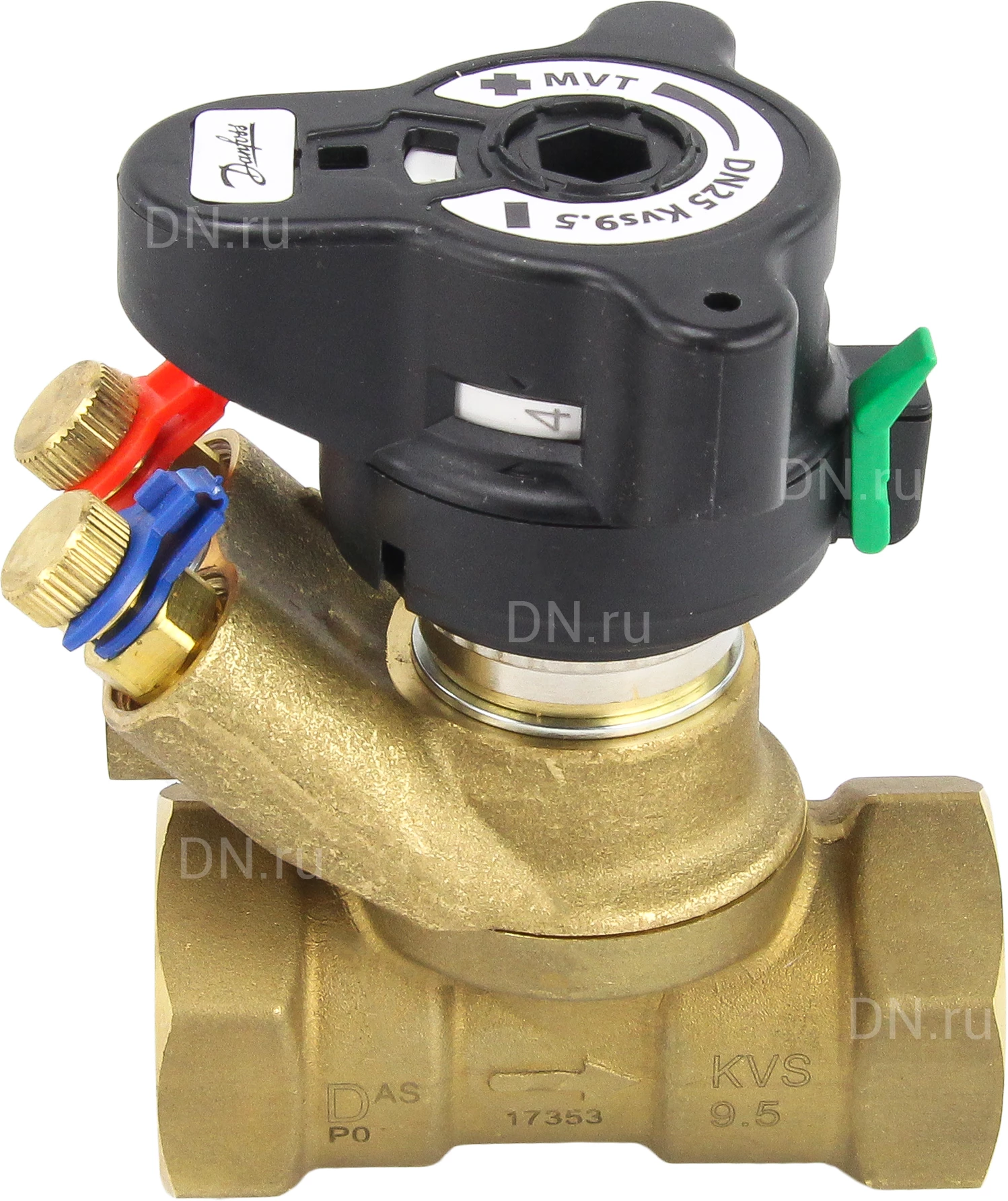 Изображение товара Клапан балансировочный ручной Danfoss MVT 1/2″ Ду15 Ру20 ВР латунный Kvs=3 м3/ч с измерительными ниппелями без выхода под ИМП трубку