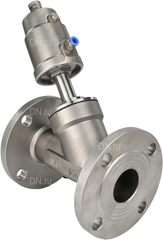 Изображение товара Клапан отсечной пневматический DN.ru VSP3232PV-F-1PNC Ду50 Ру16, корпус - нержавеющая сталь SS316, фланцевый, Y-образный, корпус привода - нержавеющая сталь CF8M