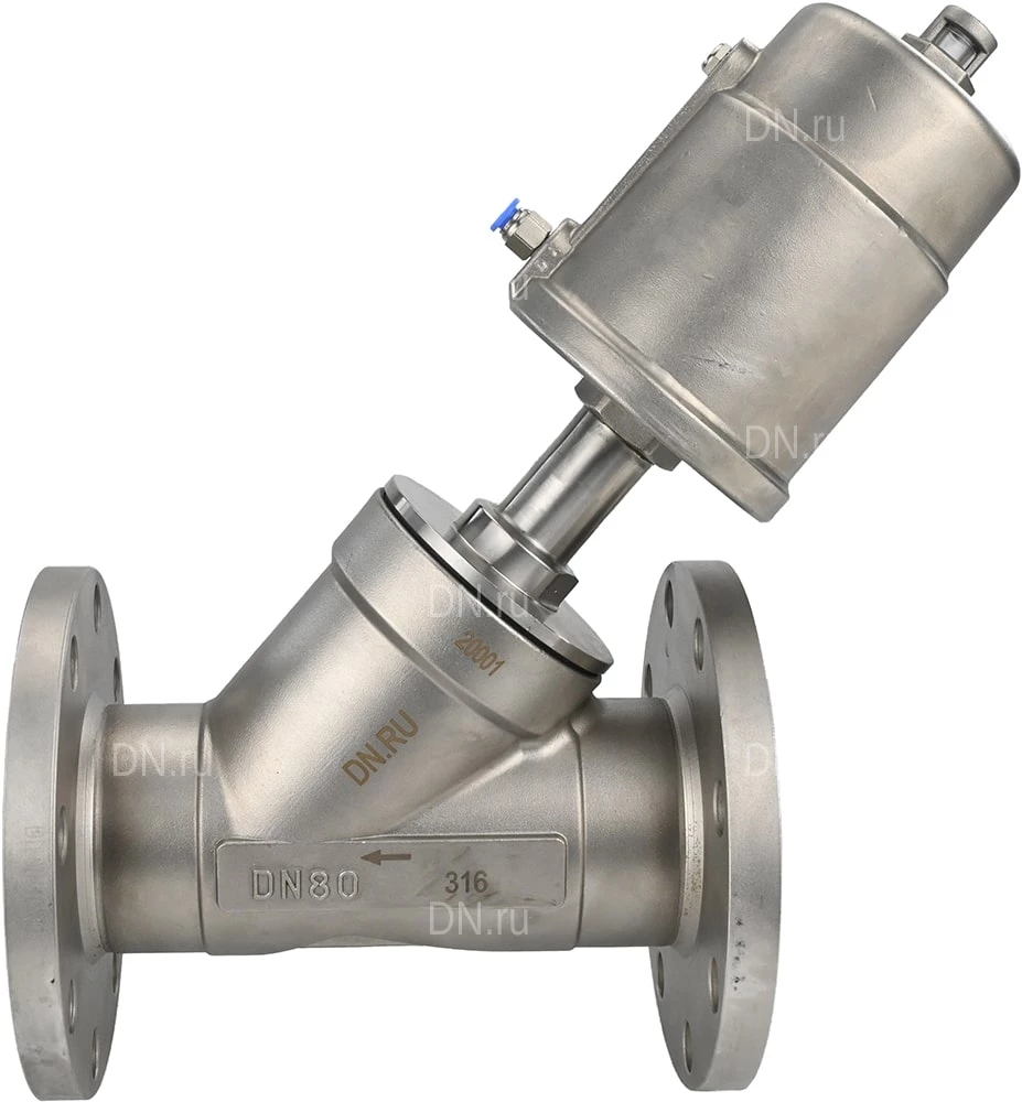 Изображение товара Клапан отсечной пневматический DN.ru VSP3232PV-F-1PNC Ду100 Ру16, корпус - нержавеющая сталь SS316, фланцевый, Y-образный, корпус привода - нержавеющая сталь CF8M