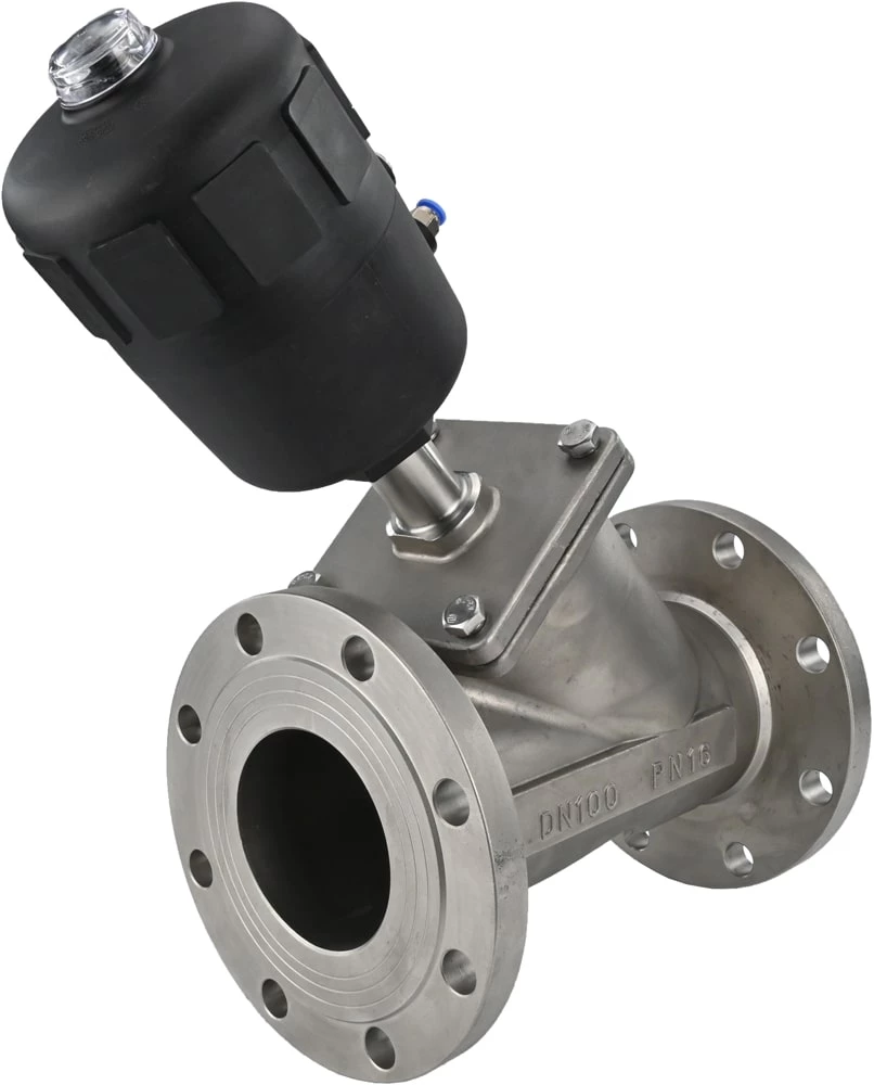 Изображение товара Клапан отсечной пневматический DN.ru VSP324PV-F-1PNC Ду100 Ру16, корпус - нержавеющая сталь SS316, фланцевый, Y-образный, корпус привода - пластик