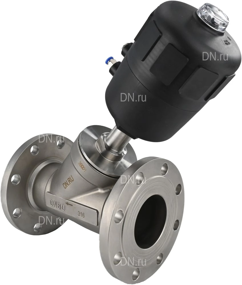 Изображение товара Клапан отсечной пневматический DN.ru VSP324PV-F-1PNC Ду80 Ру16, корпус - нержавеющая сталь SS316, фланцевый, Y-образный, корпус привода - пластик