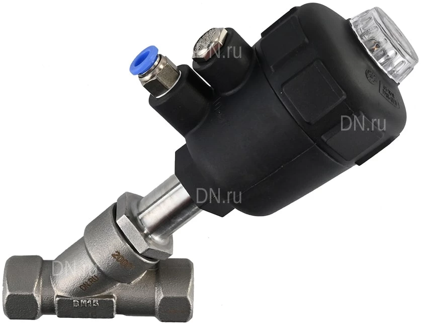 Клапаны отсечные пневматические DN.ru VSP3241P-T-1PNC Ду15-100 Ру25, корпус - нержавеющая сталь SS316, резьбовой, Y-образный, корпус привода - пластик