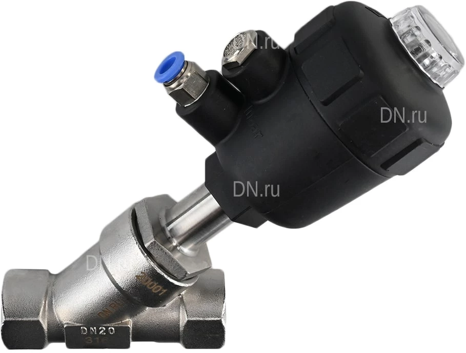 Клапан отсечной пневматический DN.ru VSP3241P-T-1PNC Ду20 Ру25, корпус - нержавеющая сталь SS316, резьбовой, Y-образный, корпус привода - пластик